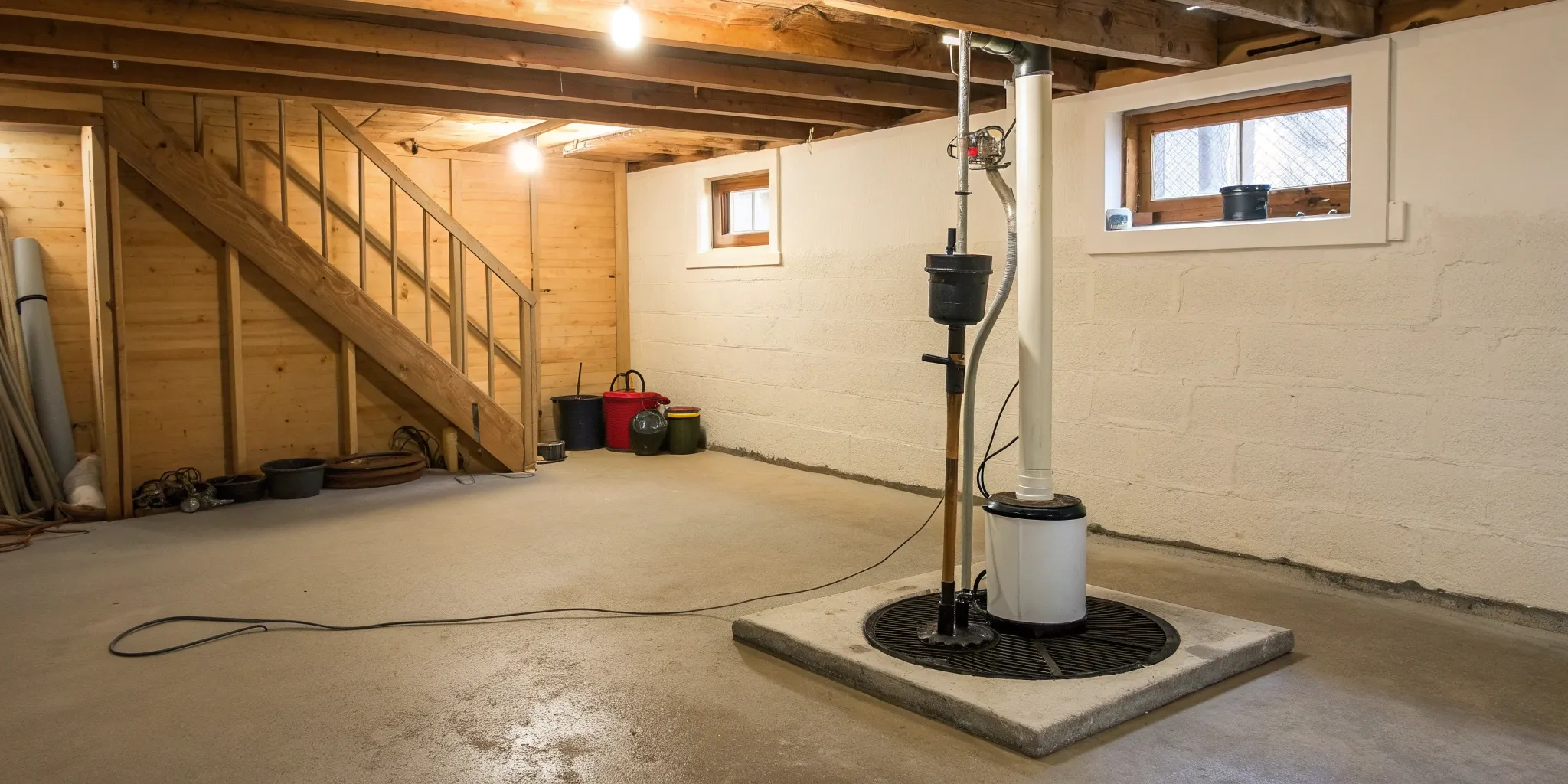 A sump pump in a basement, a key factor in the total cost to replace the system.