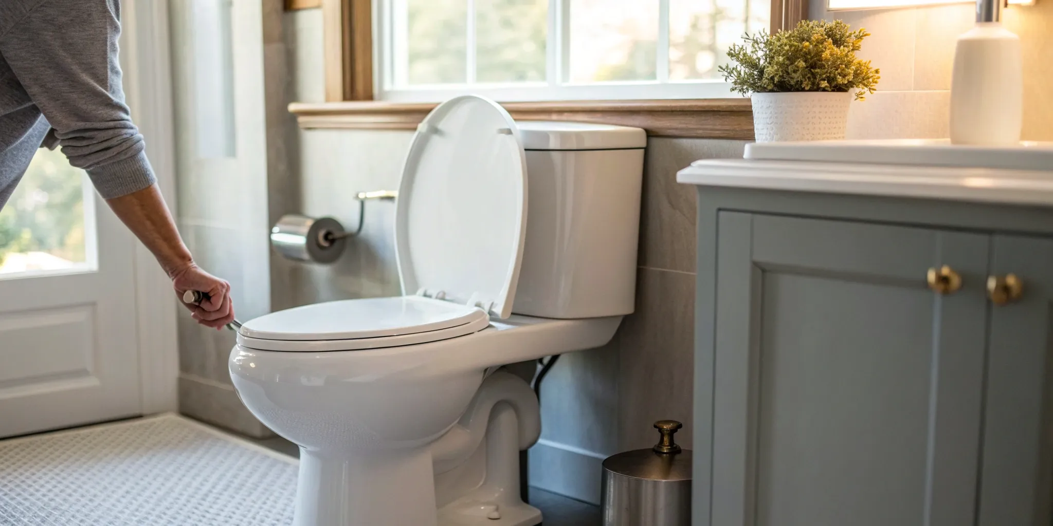 A hand on a toilet flush lever, troubleshooting how to stop a running toilet.
