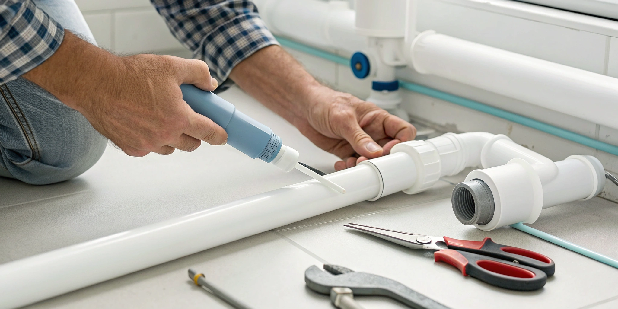 Applying PVC pipe leak sealant to a leaking white PVC pipe joint.