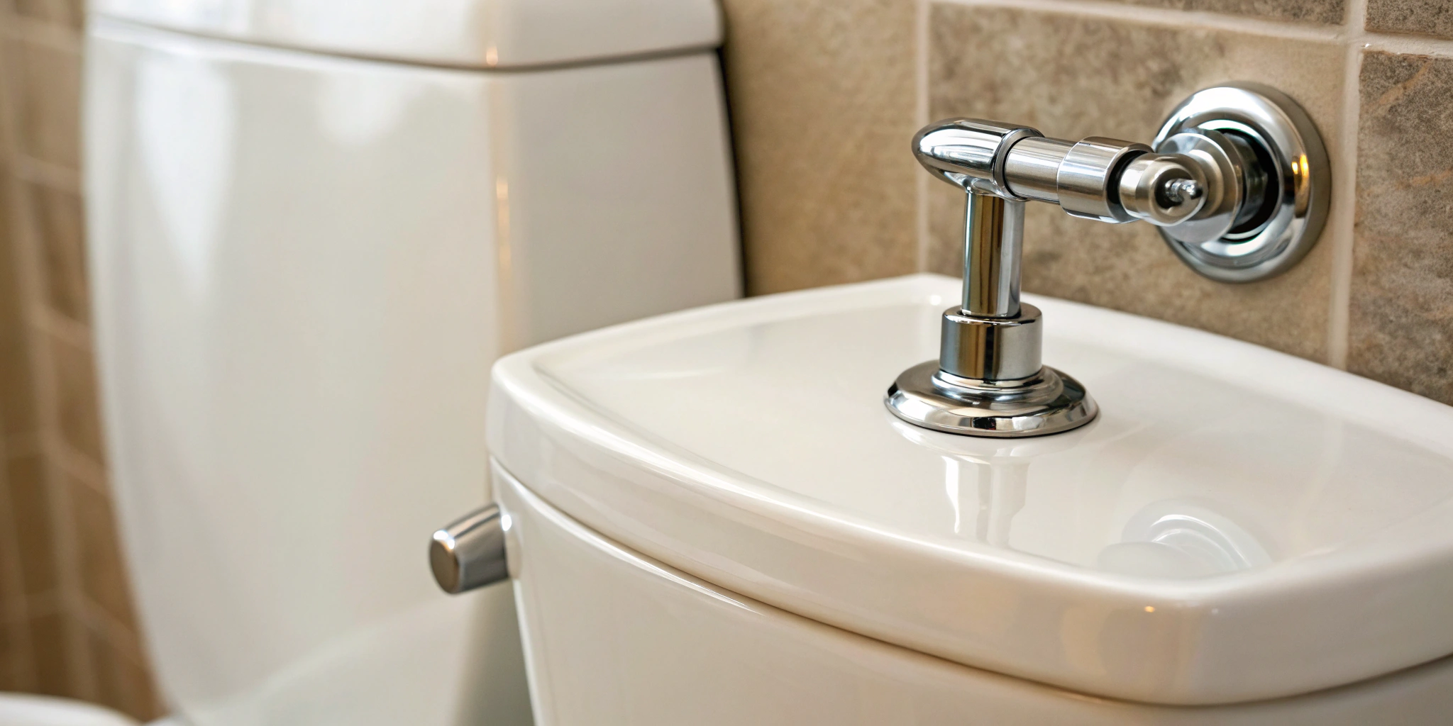 Chrome push button flush valve on a modern toilet tank.