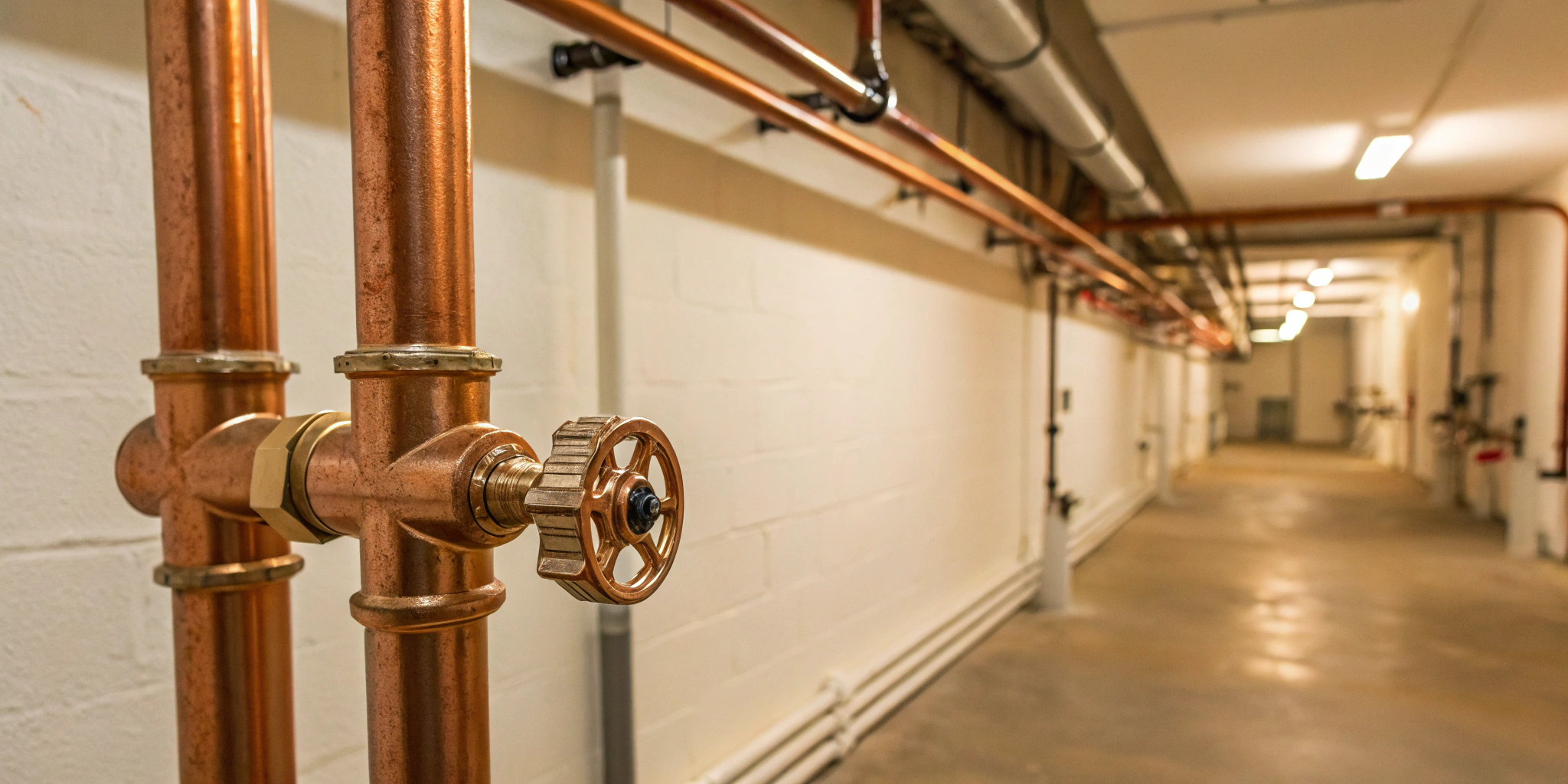 Main water shut off valve in a house basement with copper pipes.