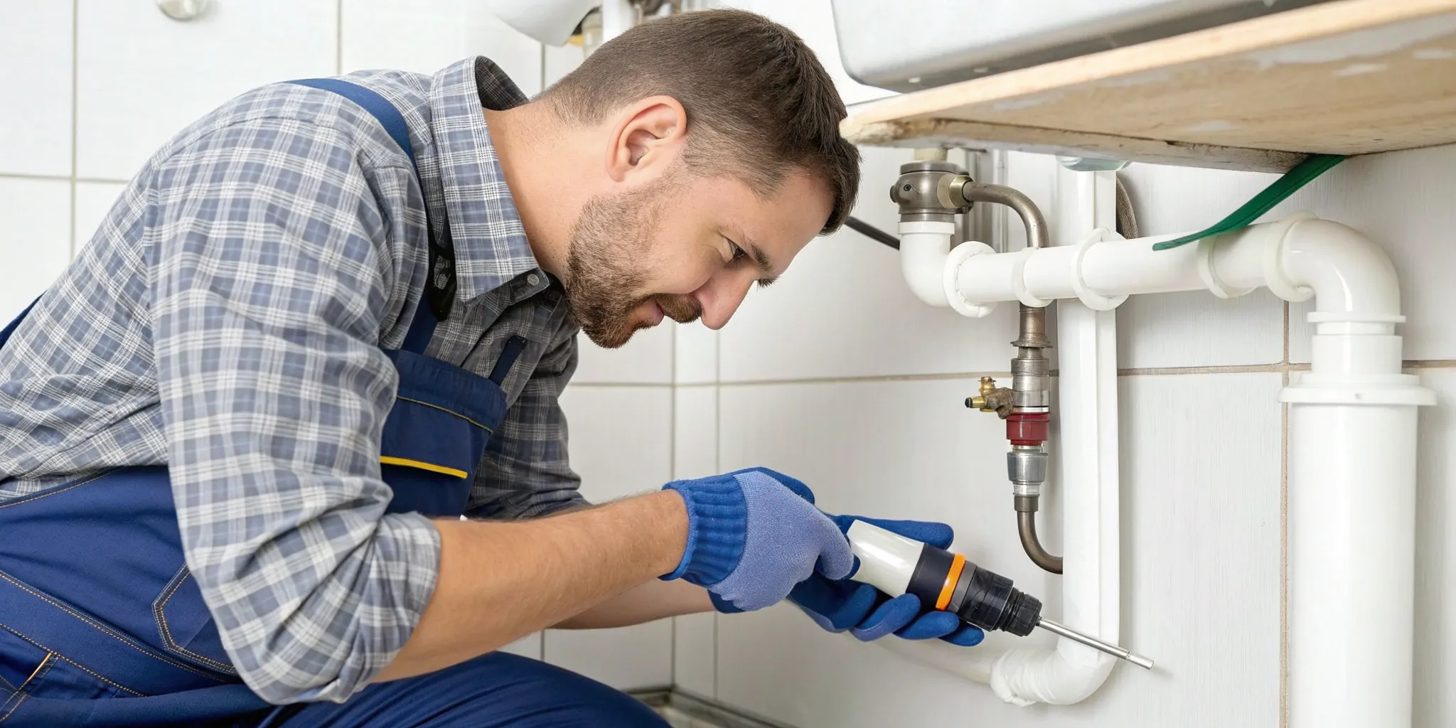 A person uses a wrench to stop water leaking from a pipe joint.