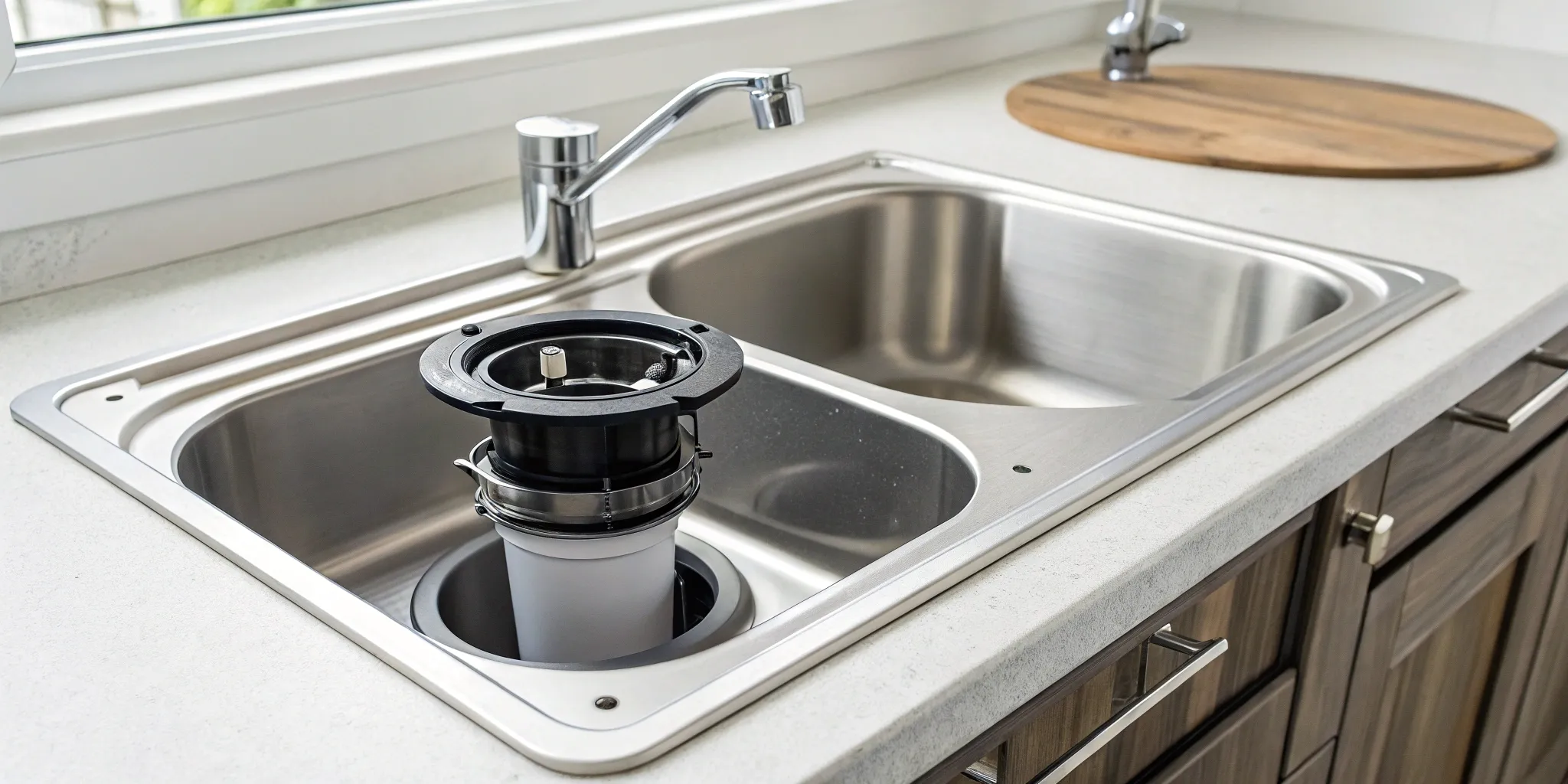 A humming garbage disposal under a stainless steel kitchen sink.