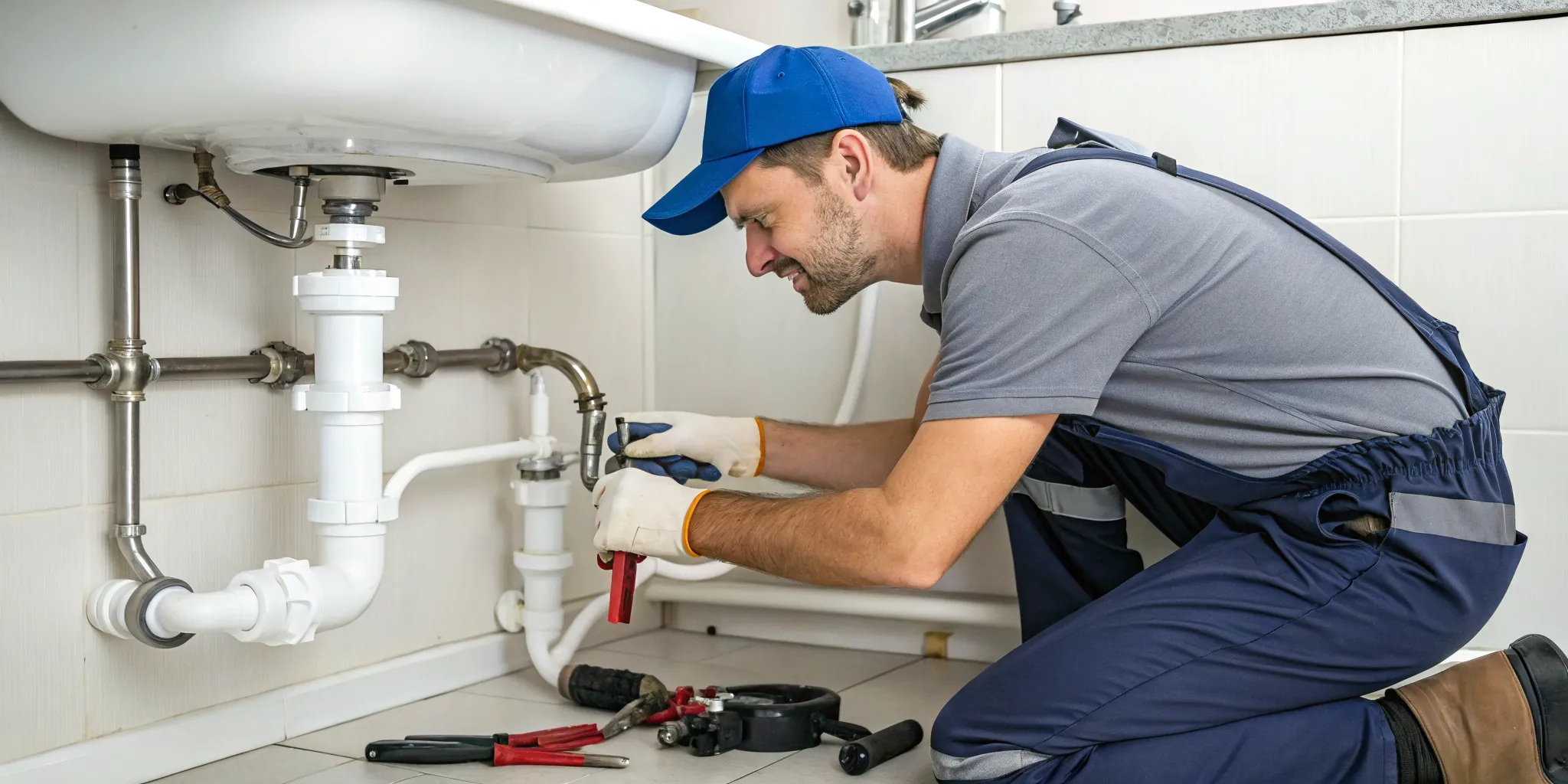 A plumber uses tools to repair a leaking PVC pipe joint under a sink.