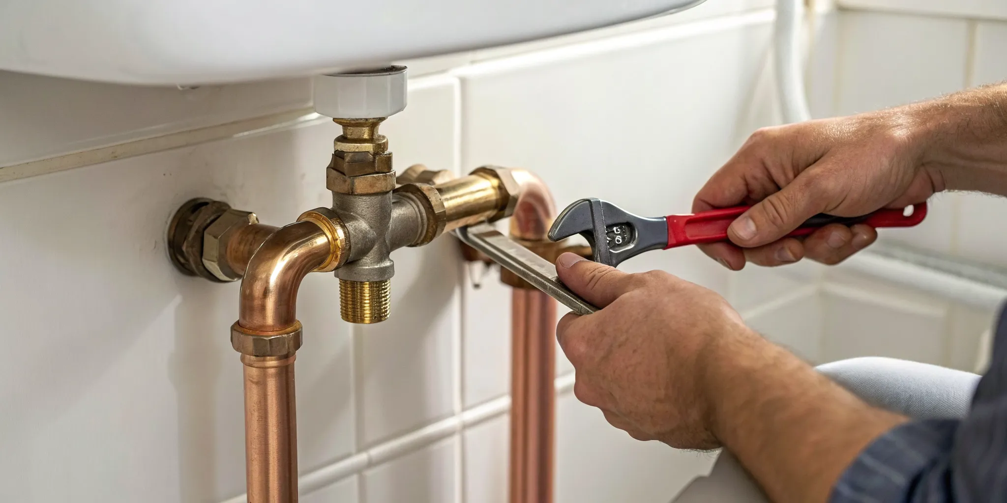 Replacing a water shut off valve on a copper pipe with a wrench.