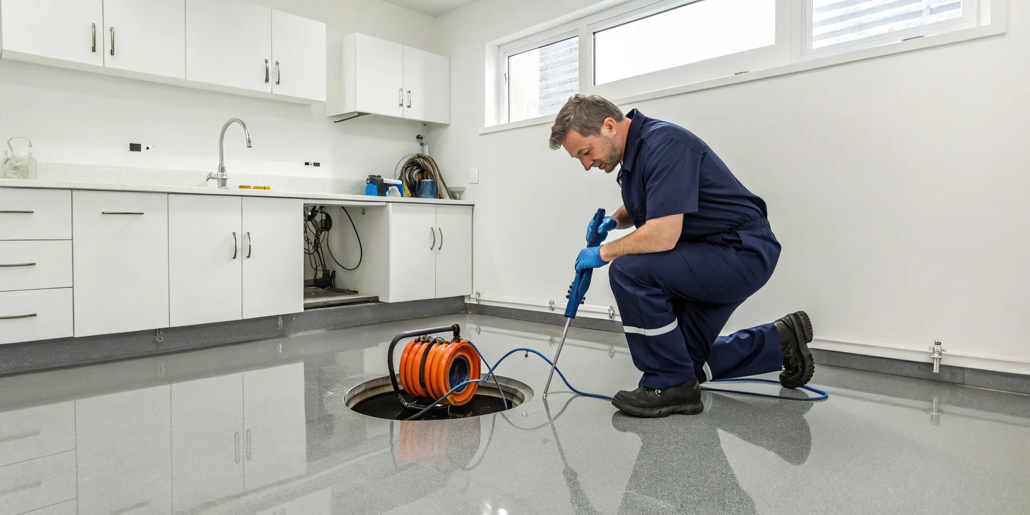Plumber using hydro jetting to clear a residential sewer line backup.