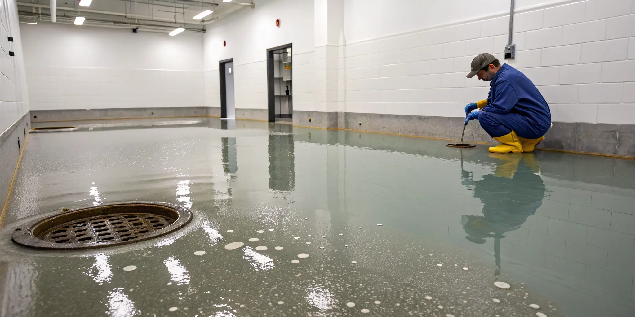 Professional in protective gear cleaning a sewage backup from a basement floor drain.