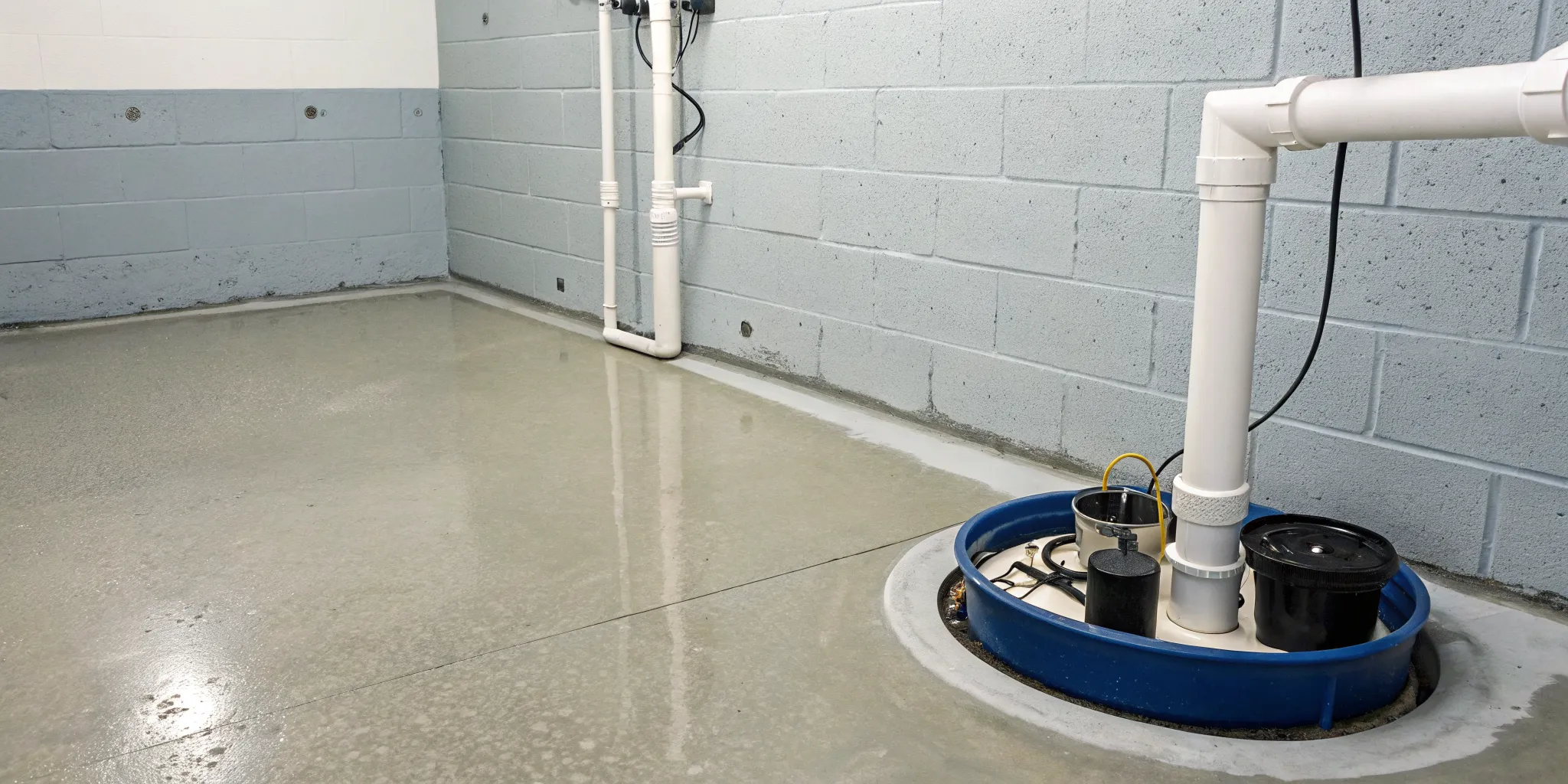A basement sump pump kit installed in a concrete floor with drainage pipes for flood prevention.