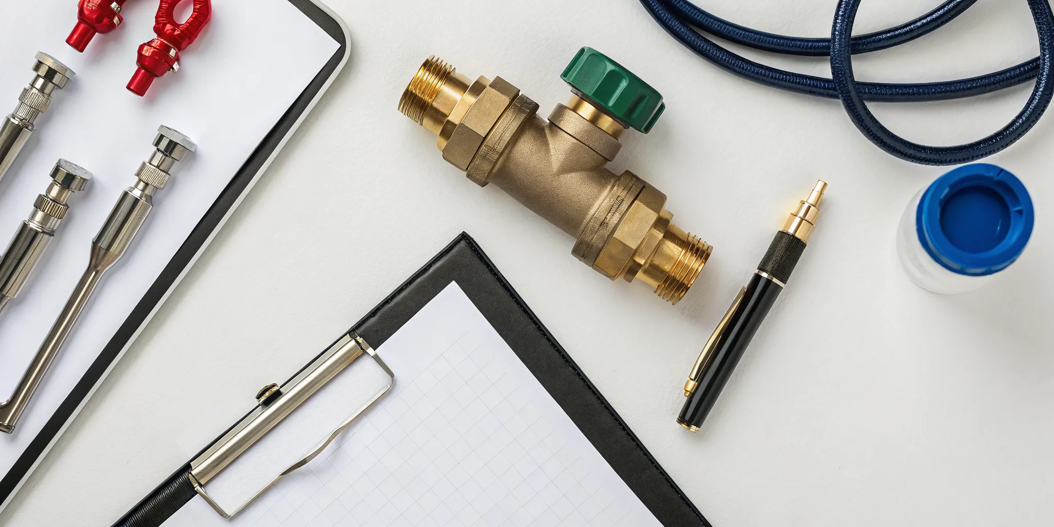 A backflow testing cheat sheet on a clipboard next to testing tools and a valve.