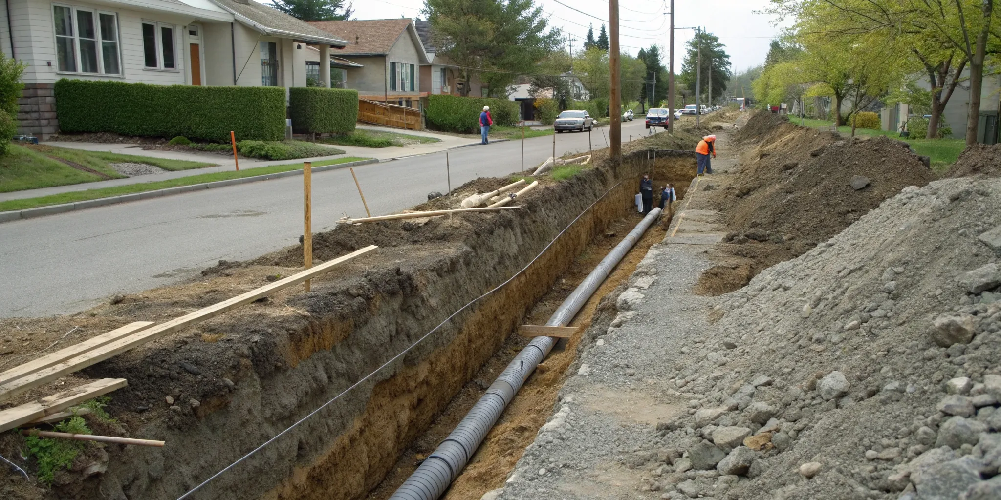 Expensive sewer line replacement requiring a large excavation trench and workers on a residential street.