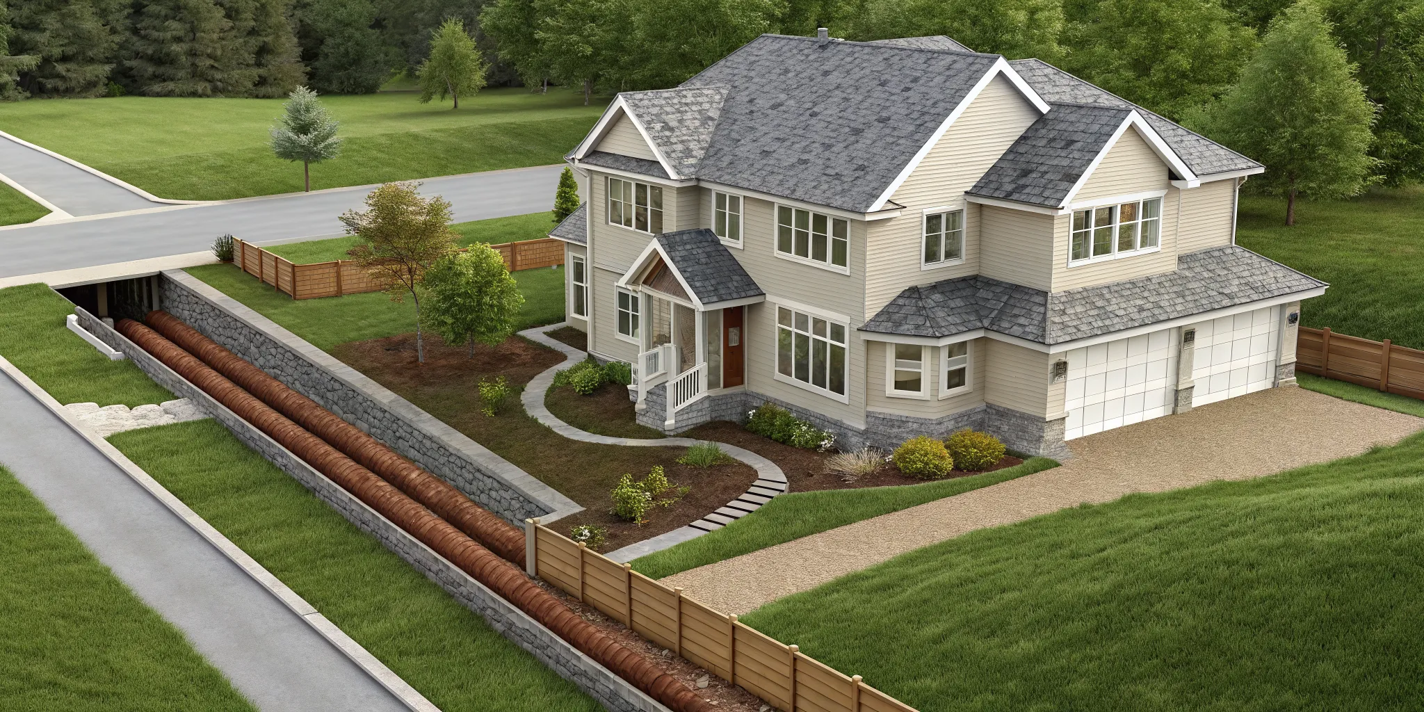 Cutaway view of a home's yard showing different sewer line repair options.