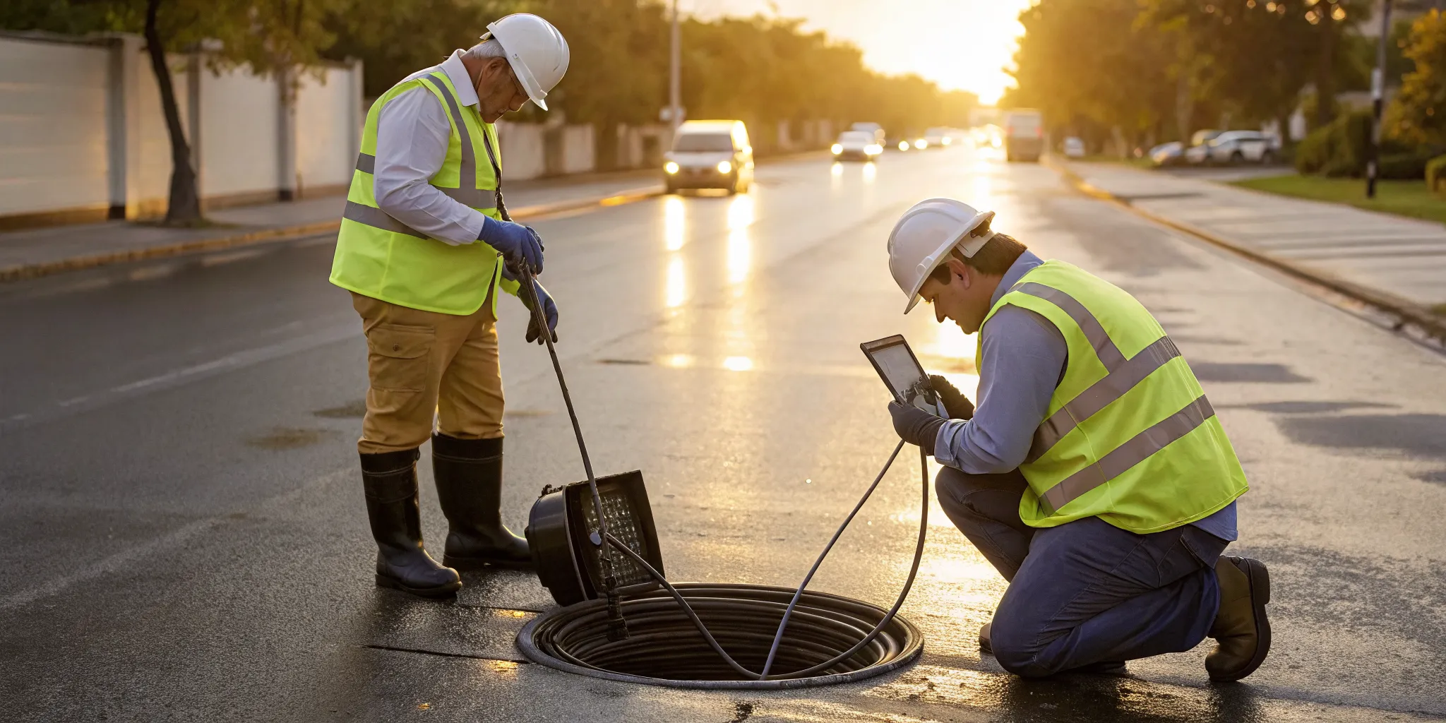 Sewer repair contractors inspecting underground pipes with a camera.