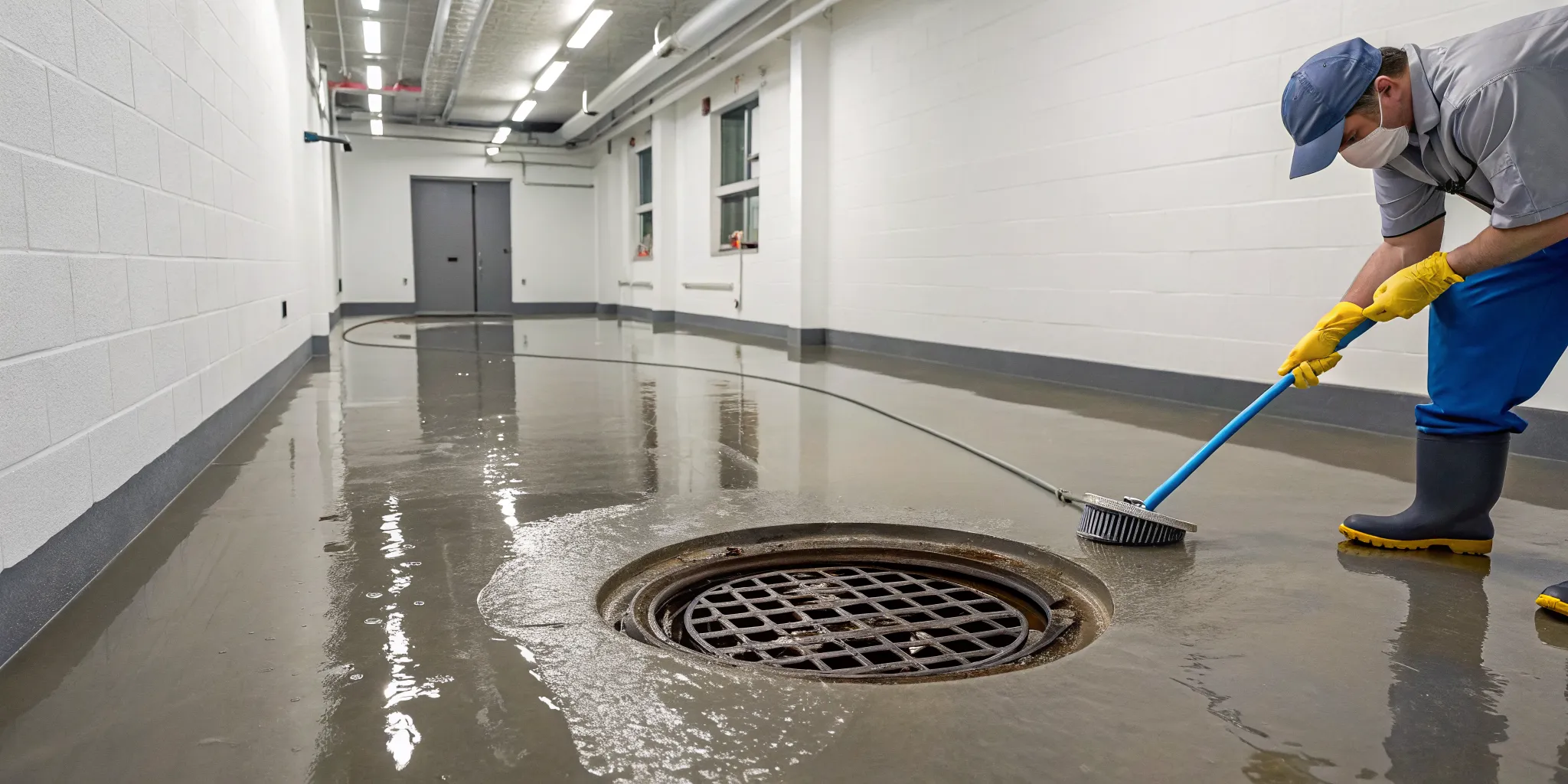 A professional in protective gear cleans a basement floor drain backing up with poop.