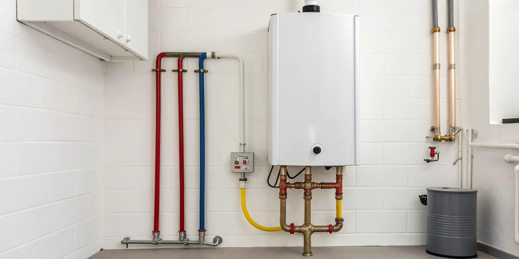 A tankless water heater installation showing the pipe connections a person must handle themselves.