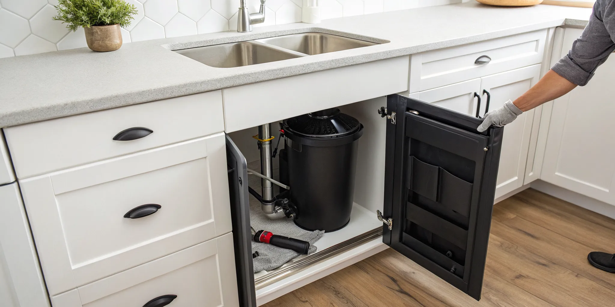 A garbage disposal unit under a sink that is not working and needs a reset.