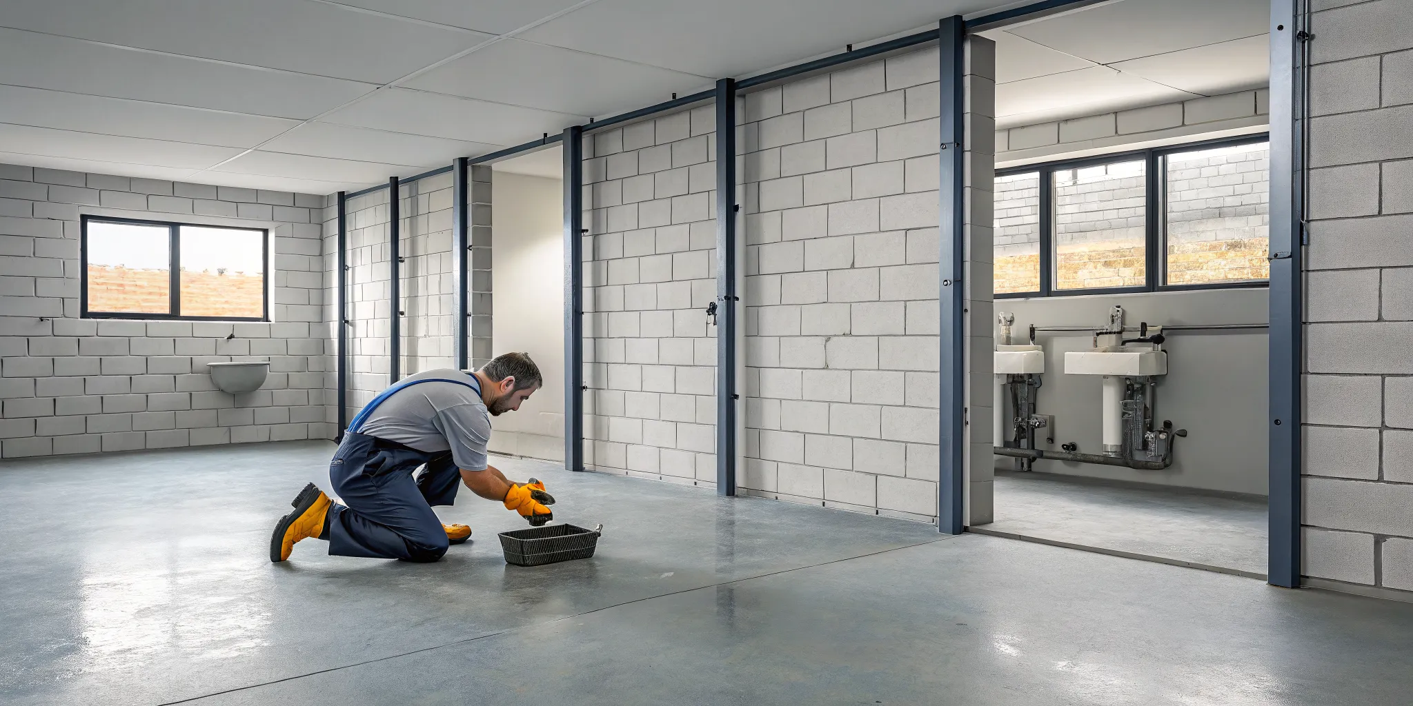A worker wearing protective gear cleans a sewage backup from a flooded concrete floor.