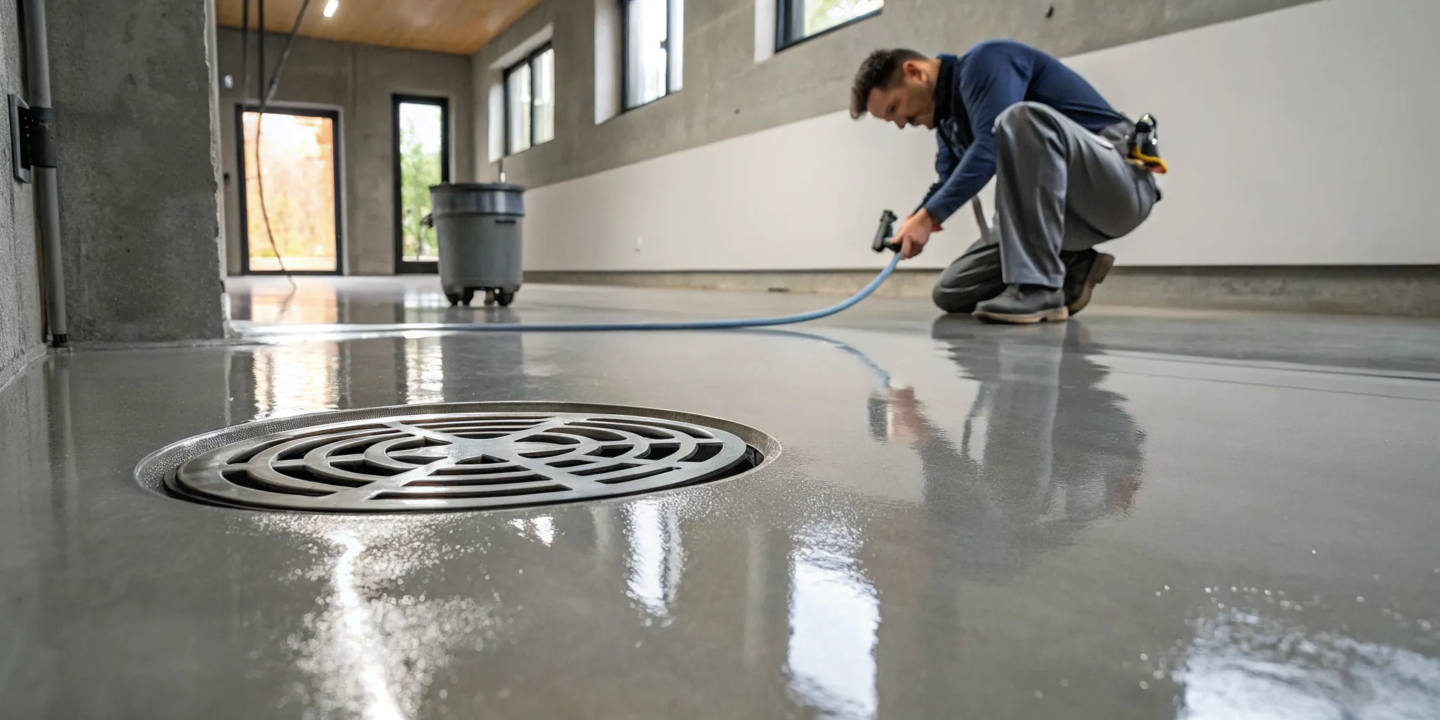 Man cleaning a wet floor to fix a basement drain backing up.