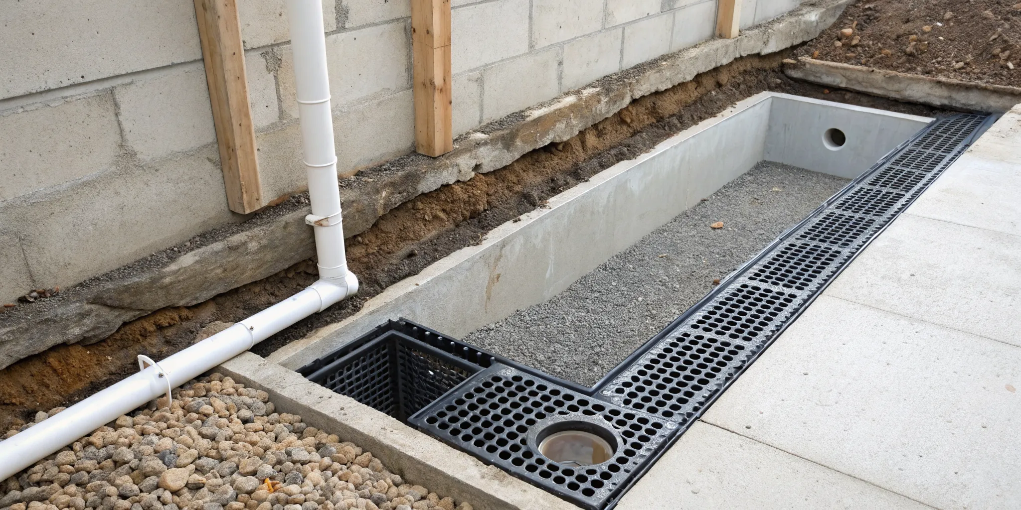 A sump pump installation in a basement showing the drain system and gravel pit.