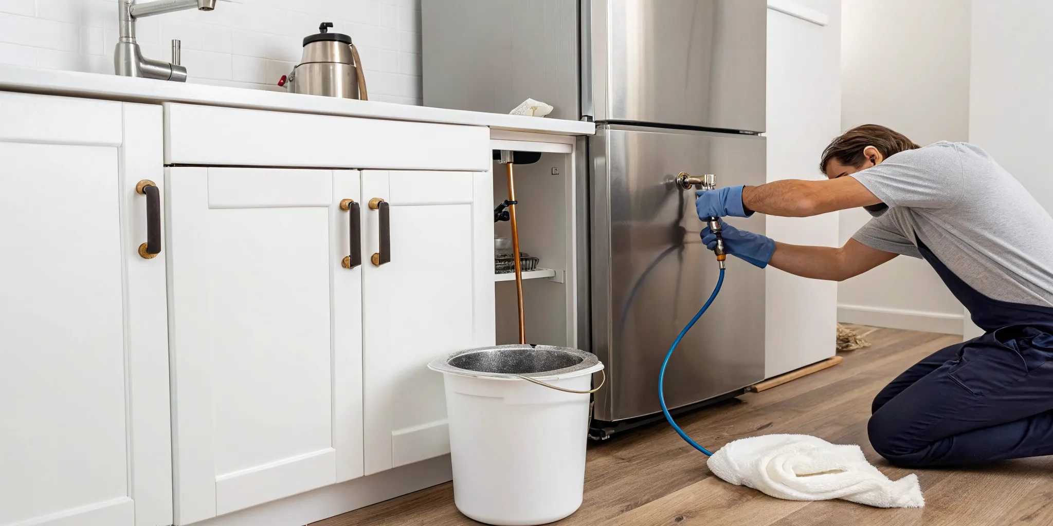 Replacing a refrigerator water line shut off valve with plumbing tools.