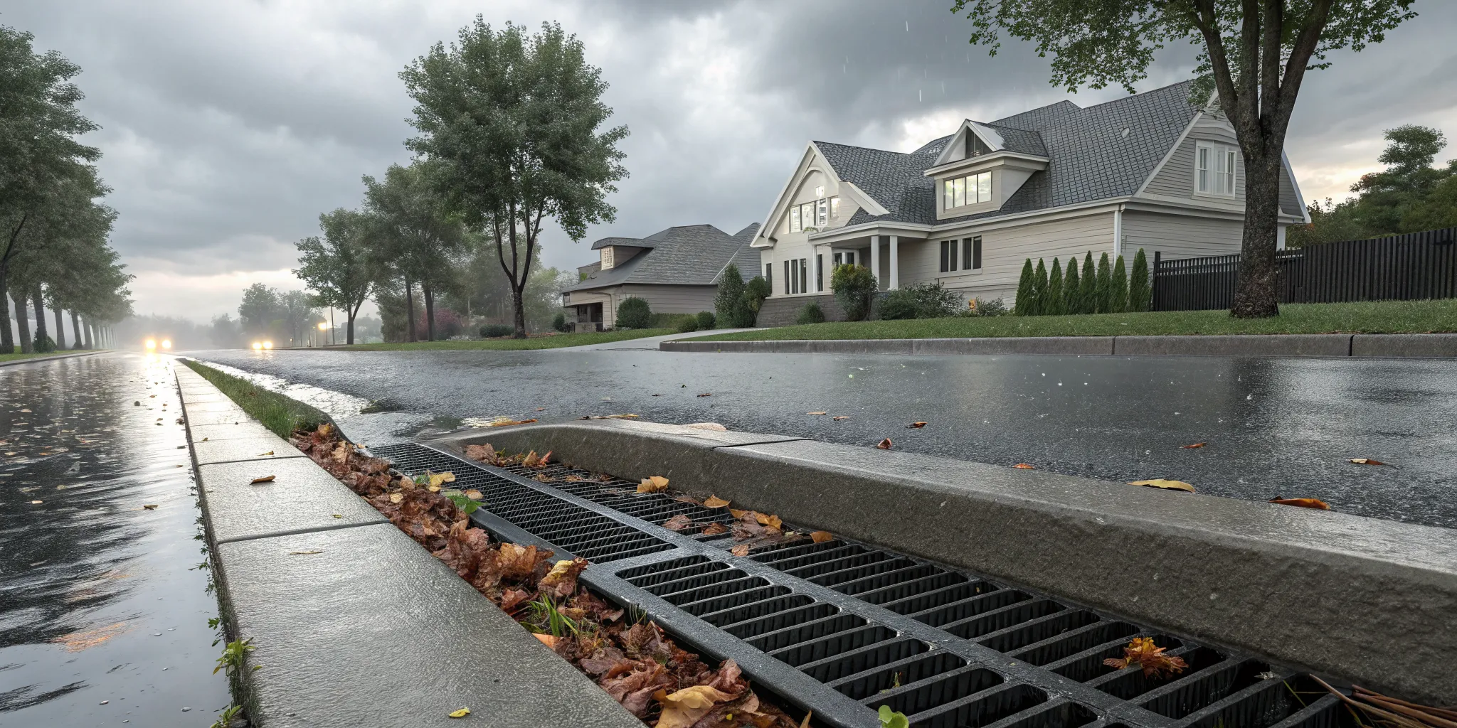 A street storm drain clogged with leaves, causing drains to back up when it rains.