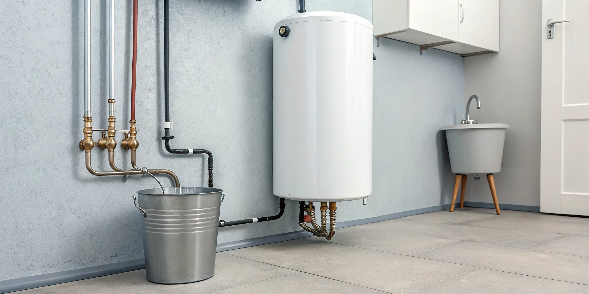 A leaking hot water tank valve dripping water into a bucket.