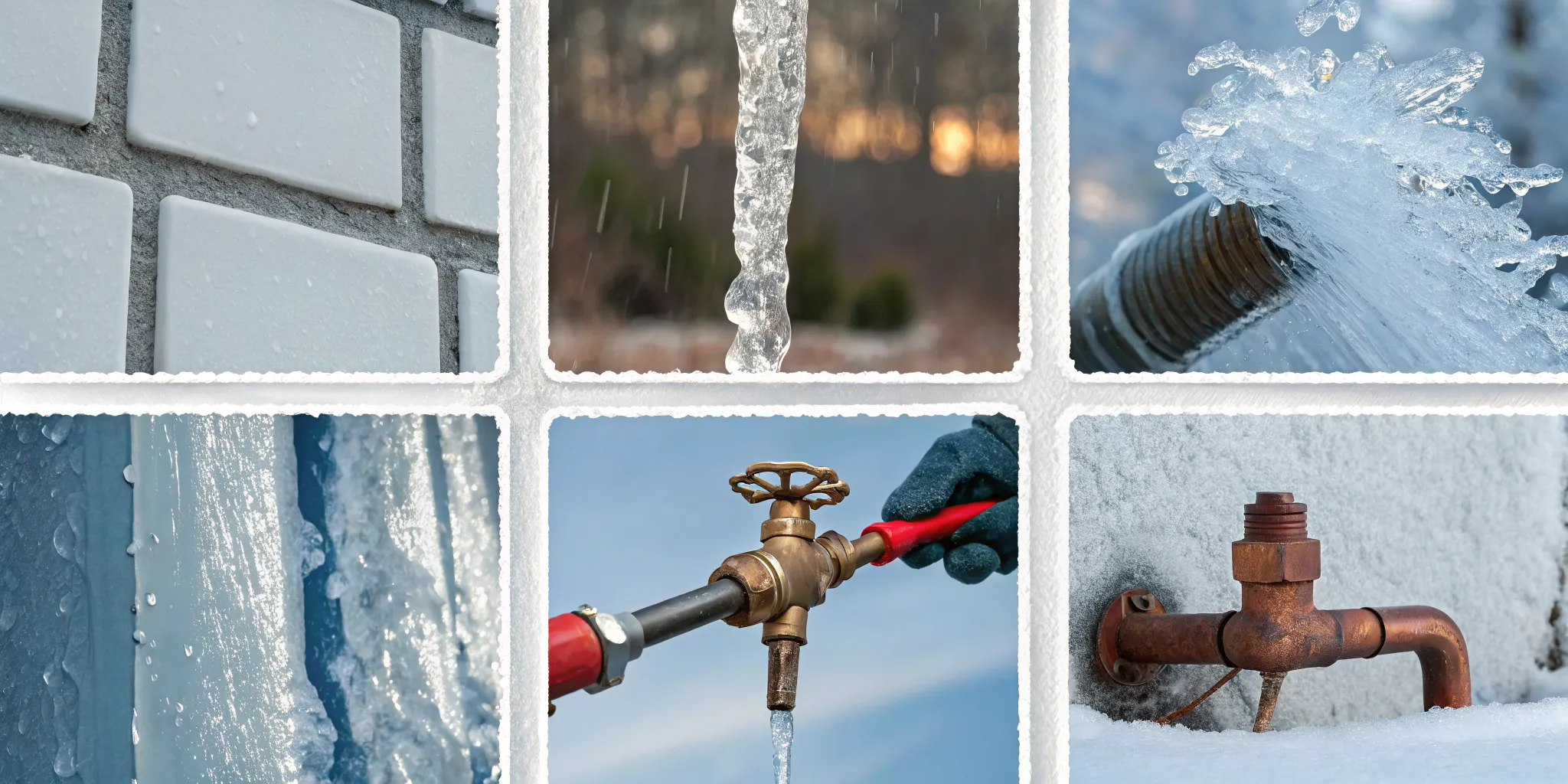 A frozen outdoor pipe that has burst, leaking water and needing repair.