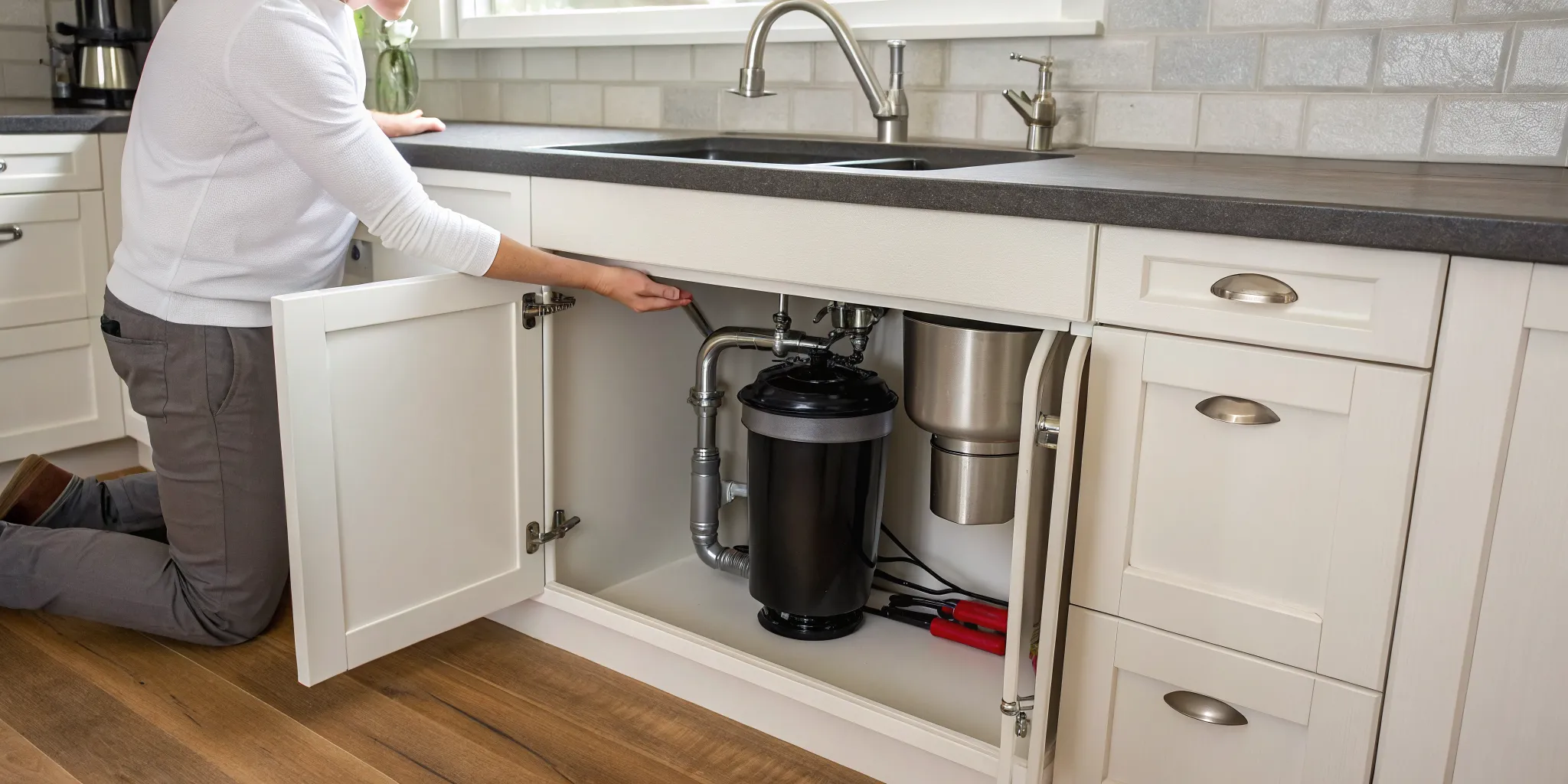 A person checks under the sink for a garbage disposal not working after a power outage.