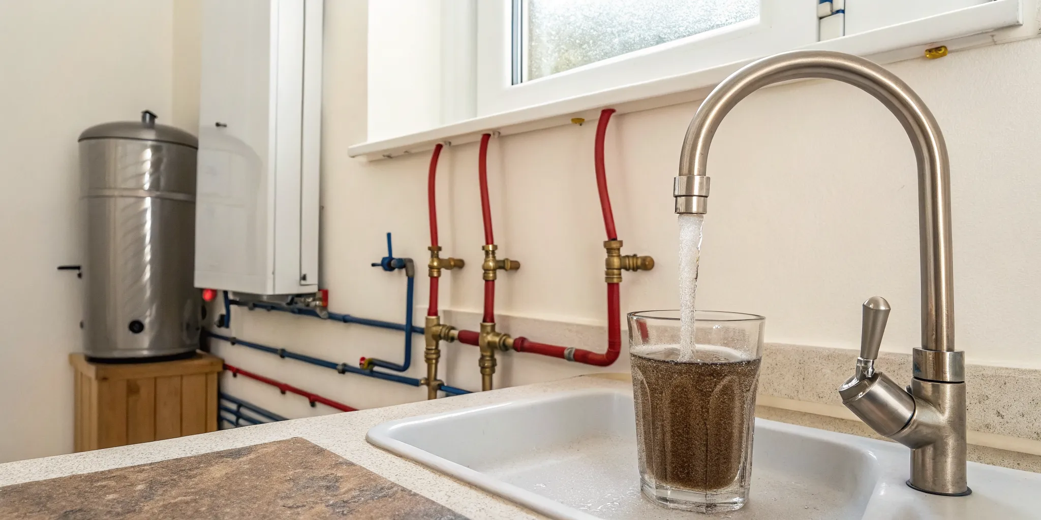 Glass of brown water from a faucet caused by a new water heater.
