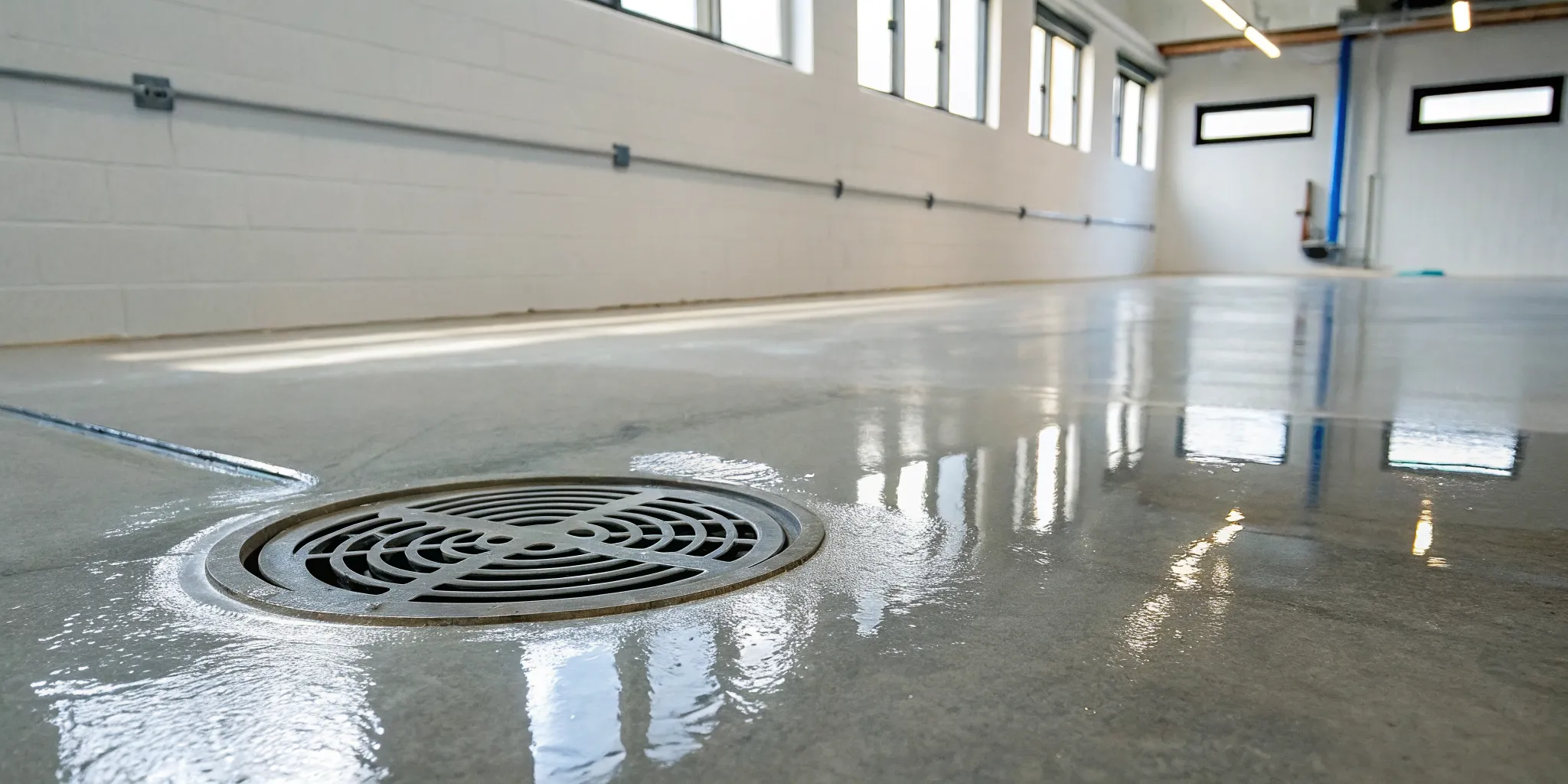 A basement floor drain with the normal amount of standing water in its P-trap.