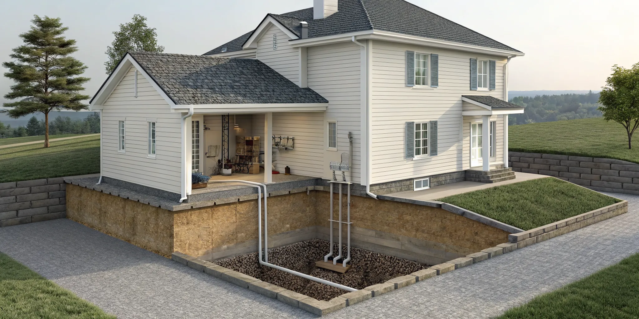 Diagram of a sump pump discharge system moving water away from a home's foundation.