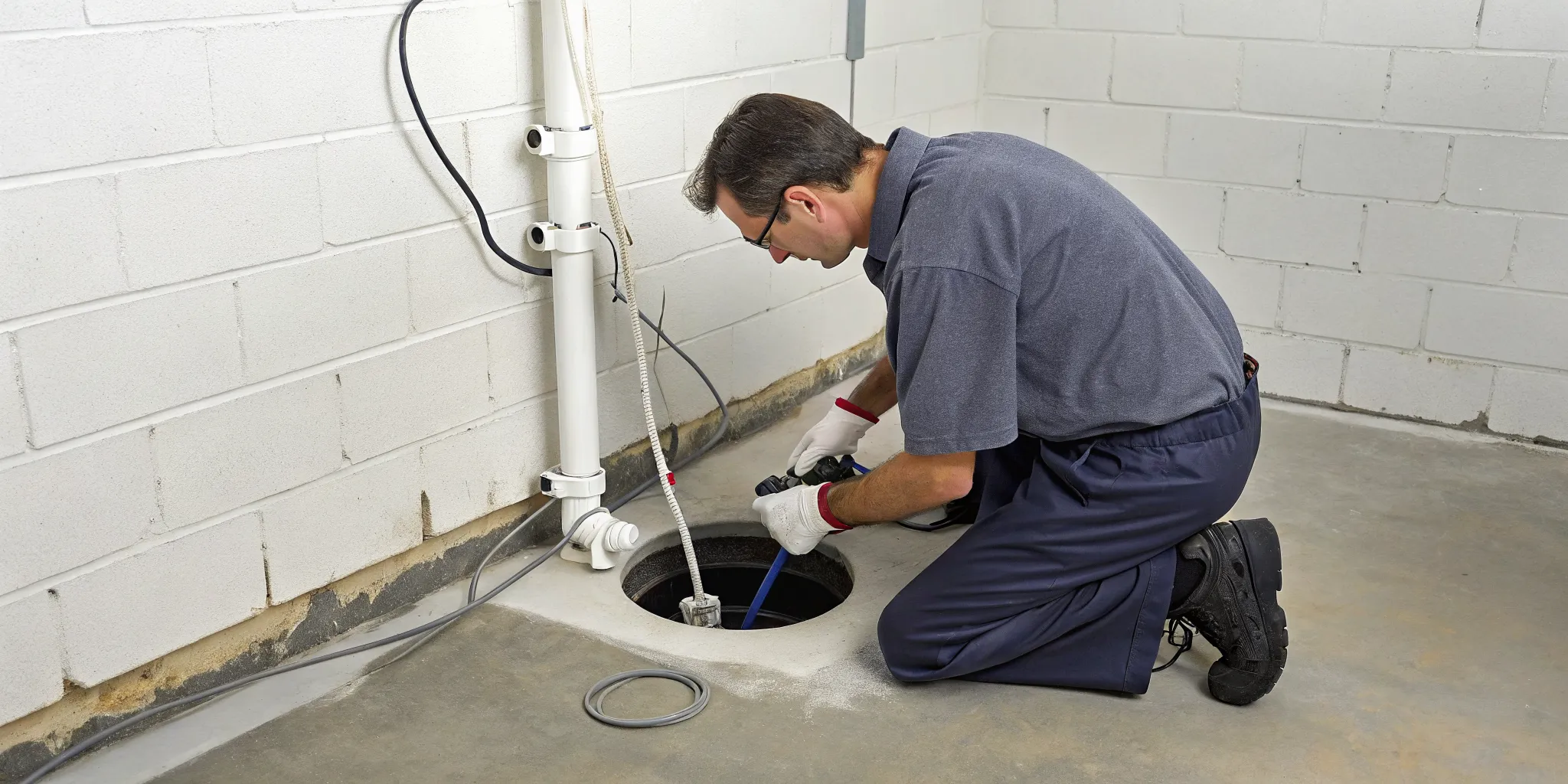 Technician performing a sump pump replacement service in a basement.