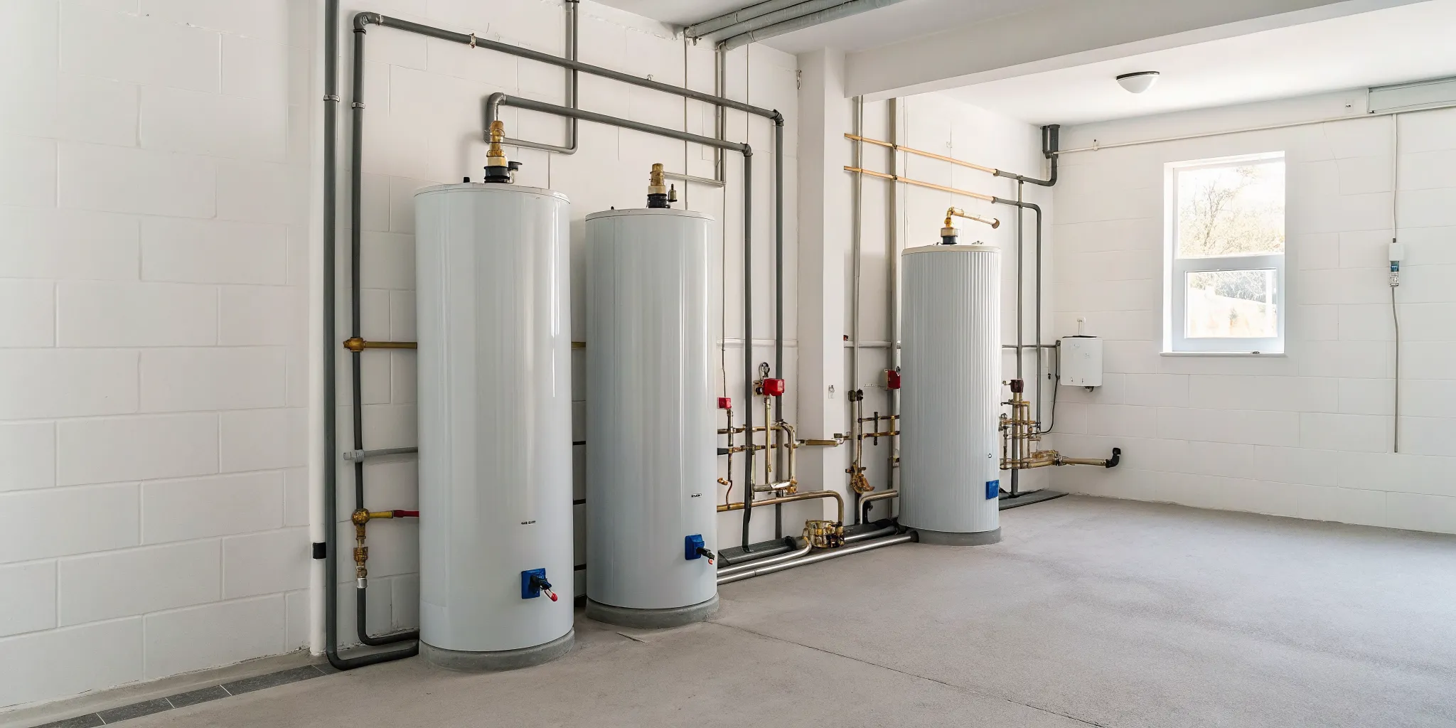 Three water heaters in a utility room prepared for the water heater flushing process.