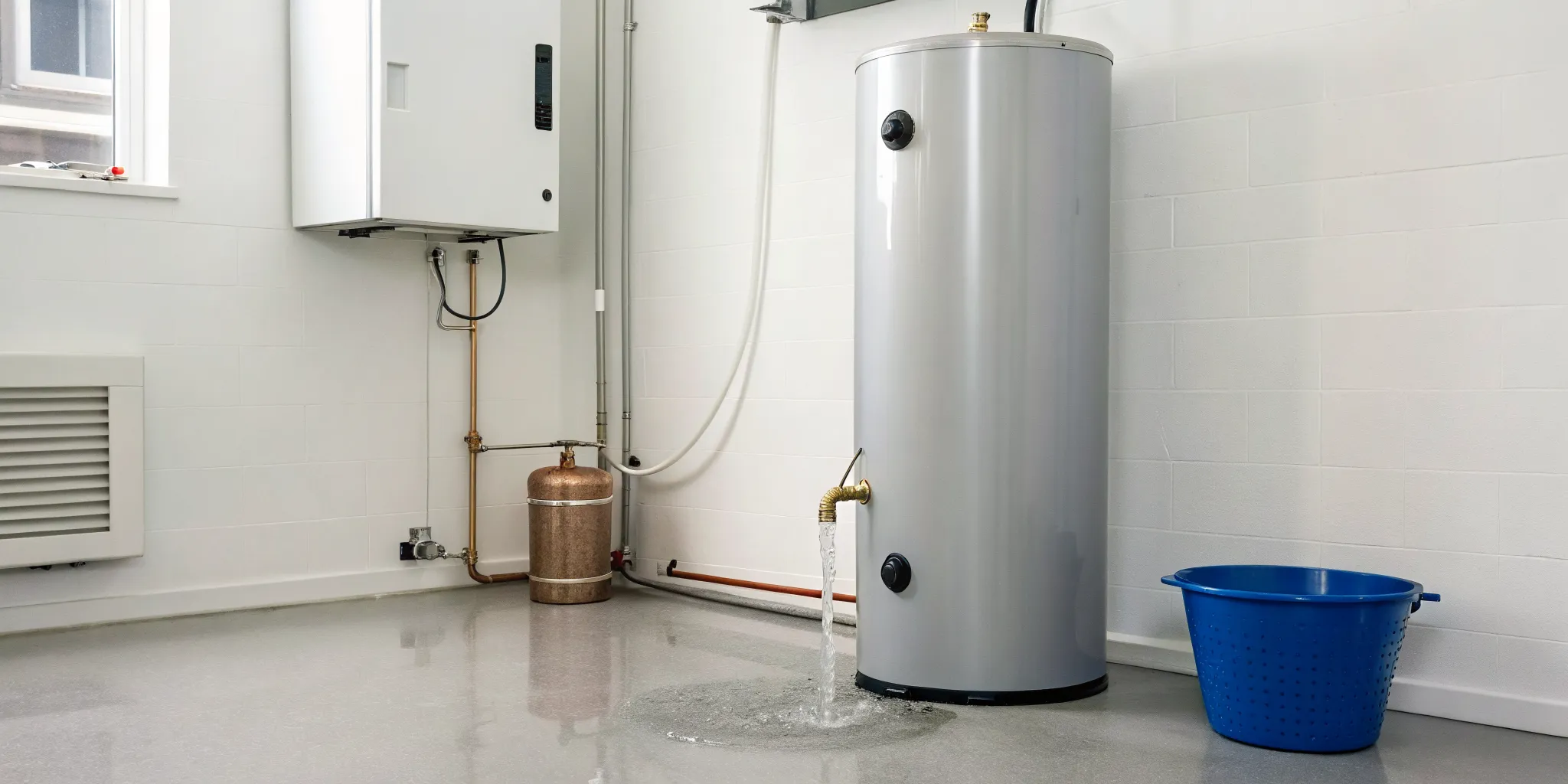 Water coming out of the pressure relief valve on a water heater.