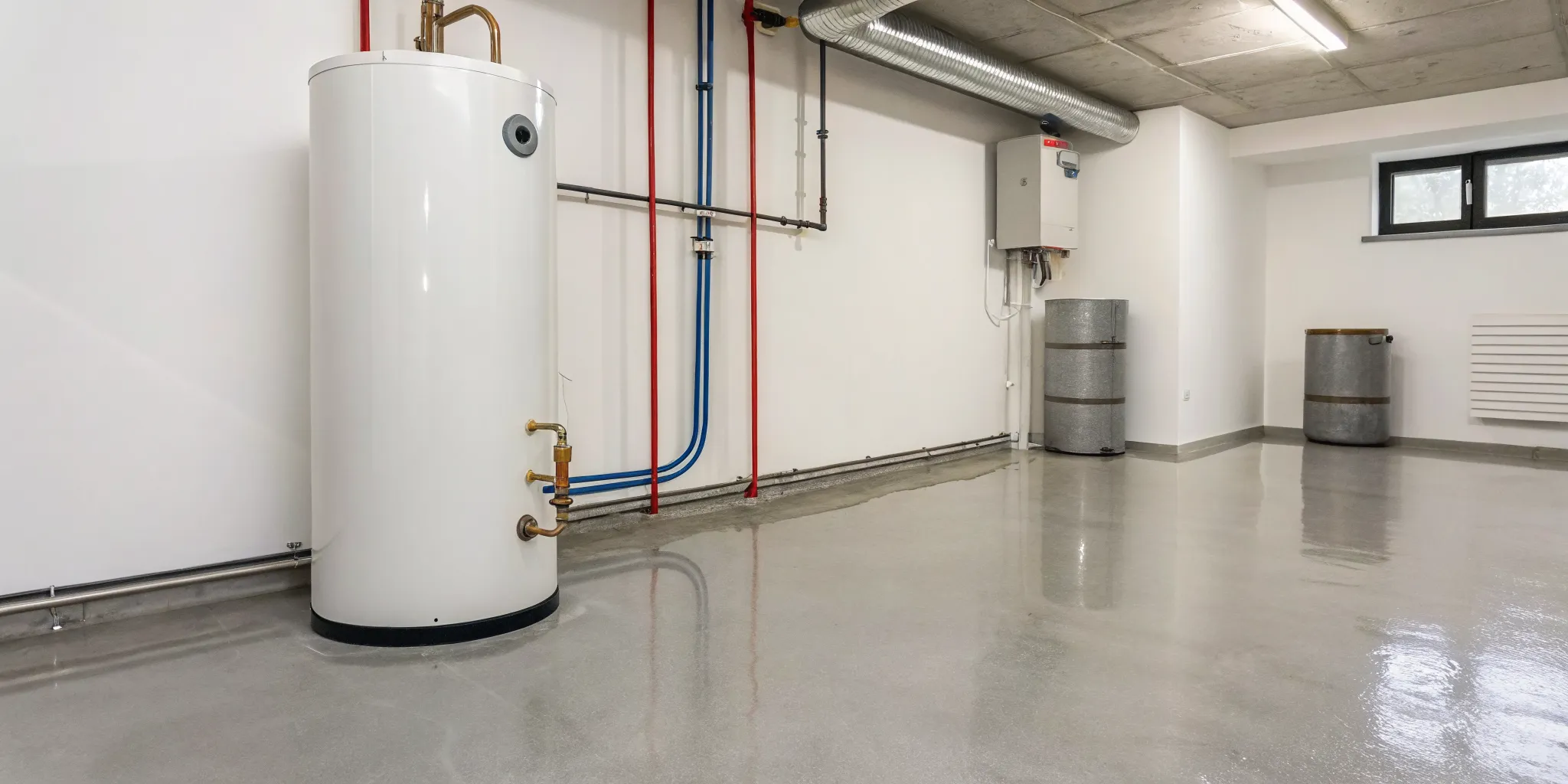 A water heater in a basement that needs a water heater dam to prevent water damage from leaks.