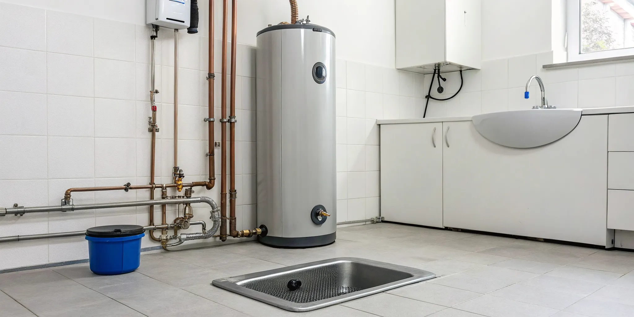 Water heater flood protection provided by a containment drain pan.