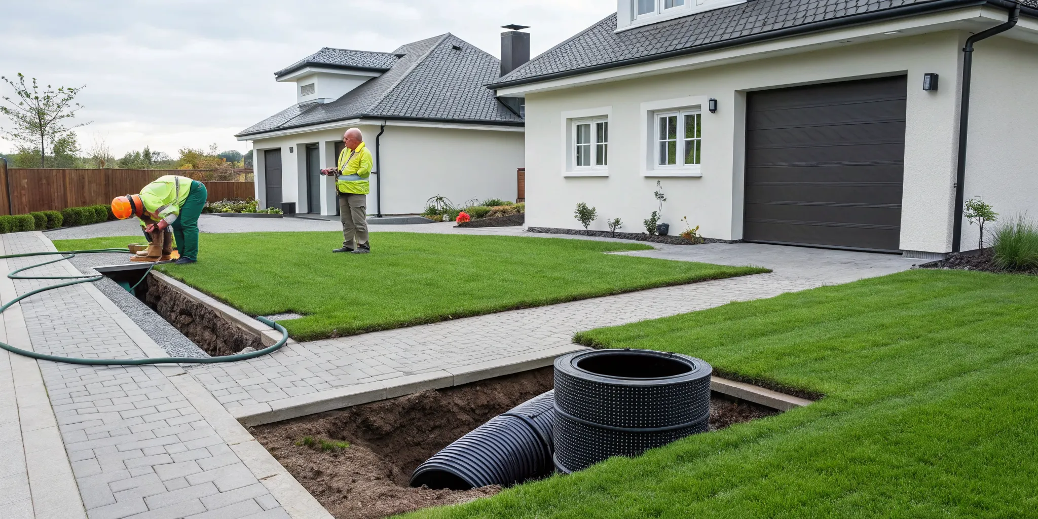 Workers performing a 1-day trenchless sewer repair with minimal disruption to the yard.