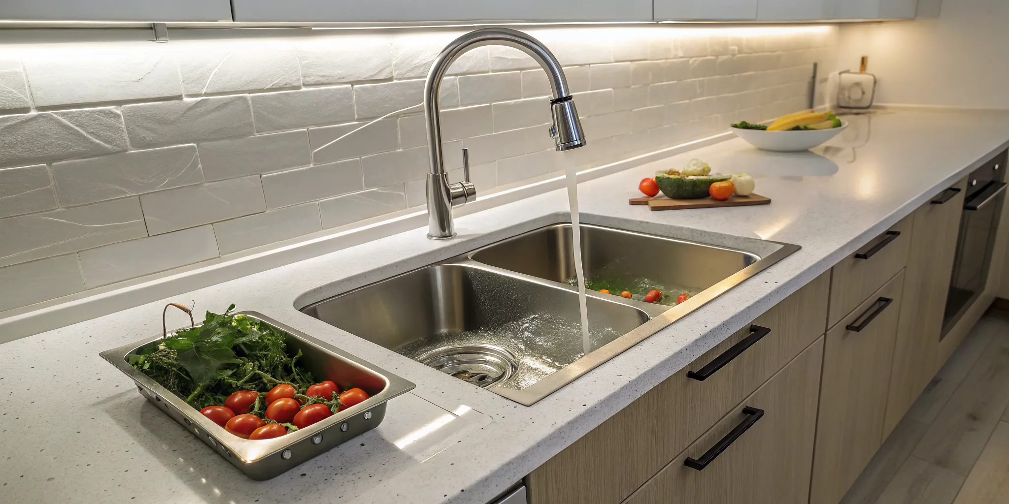 Kitchen sink with a garbage disposal needing emergency repair.