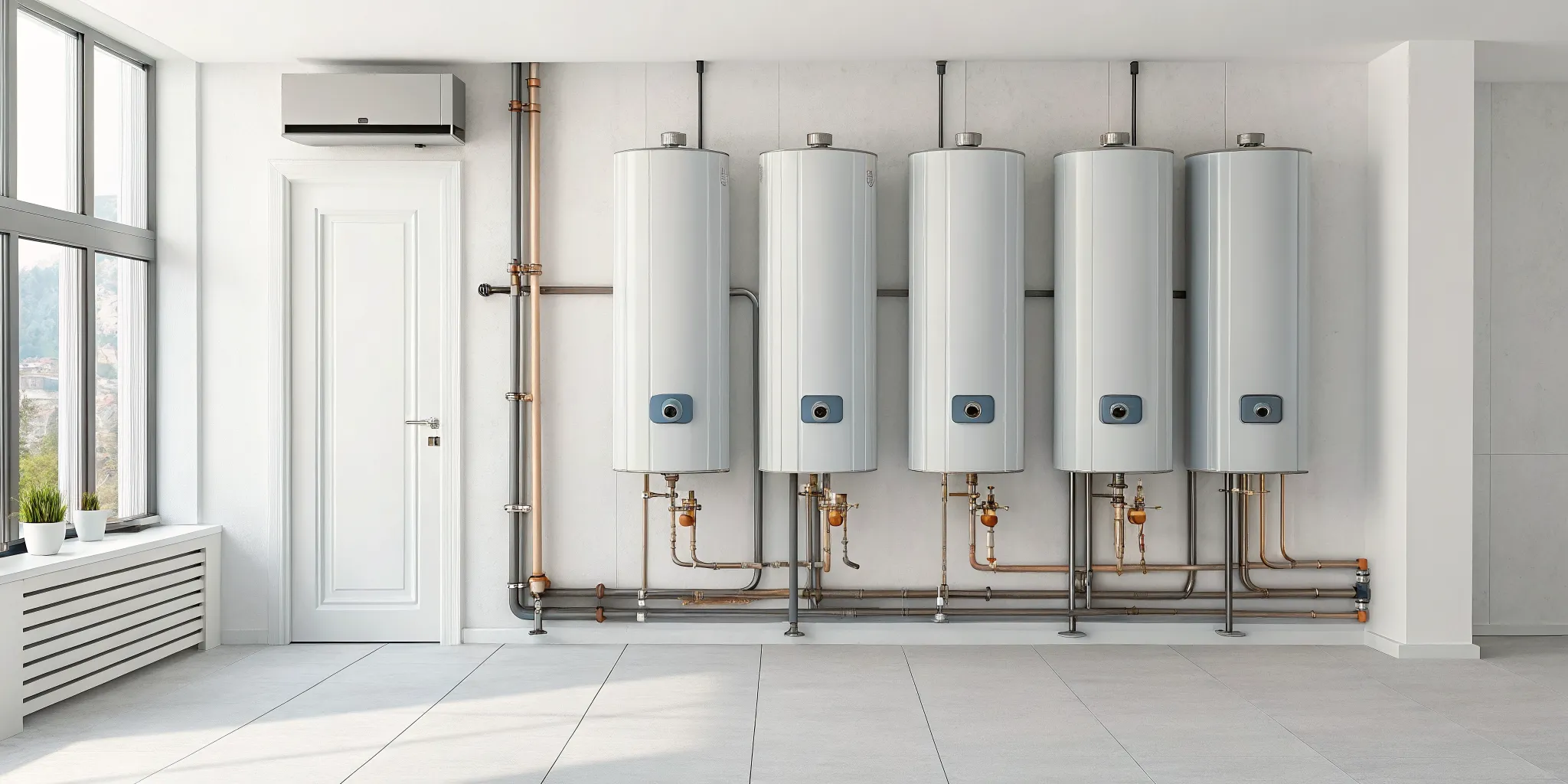 A row of water heaters, a common source for signs your water heater is failing.