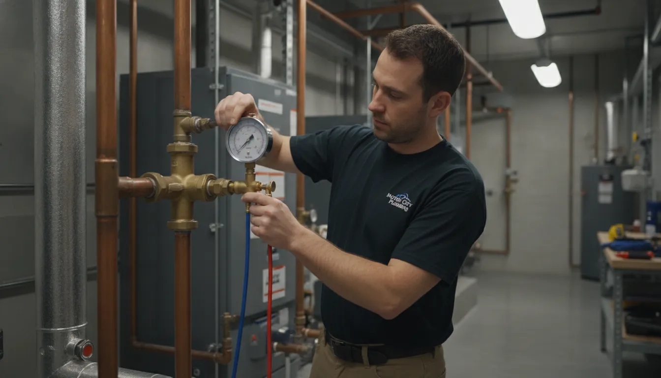 Commercial plumber performing backflow preventer testing in Detroit