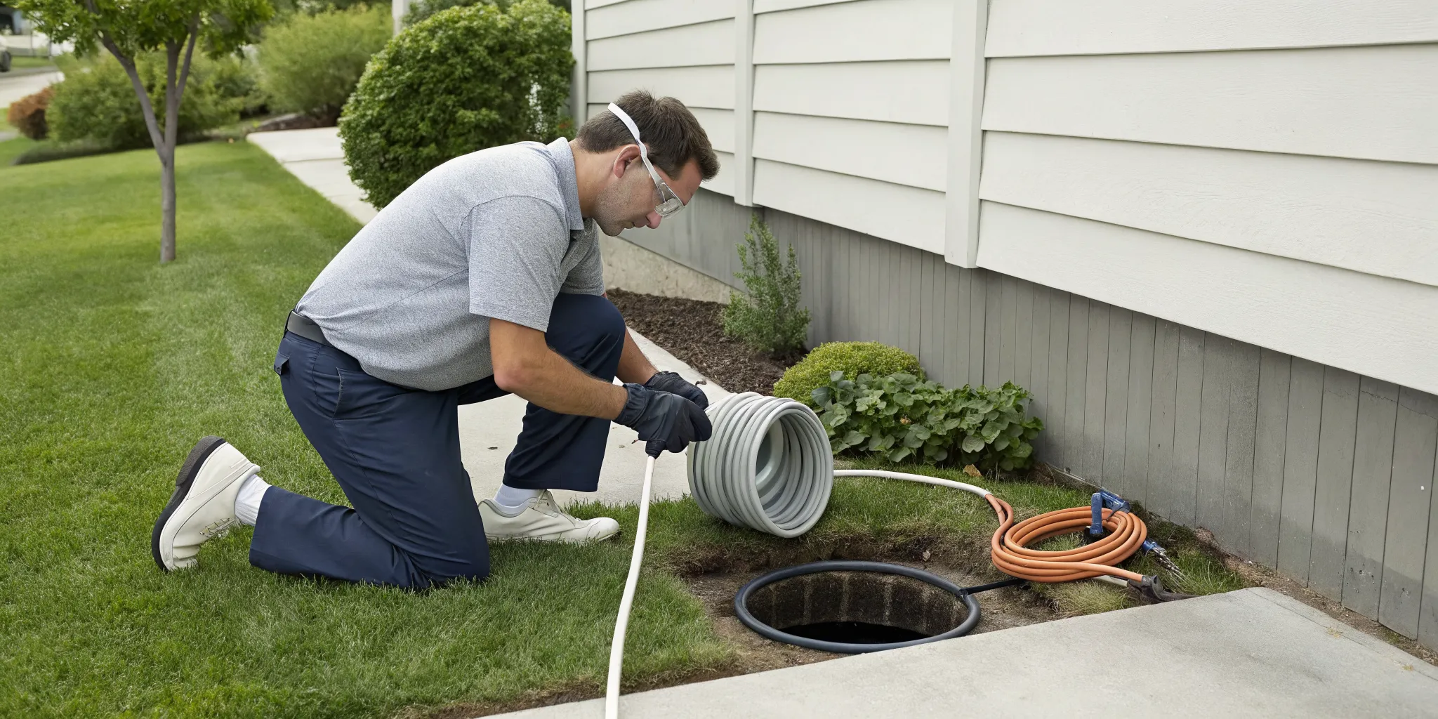 Professional cleaning a clogged sewer line with a high-pressure hose.
