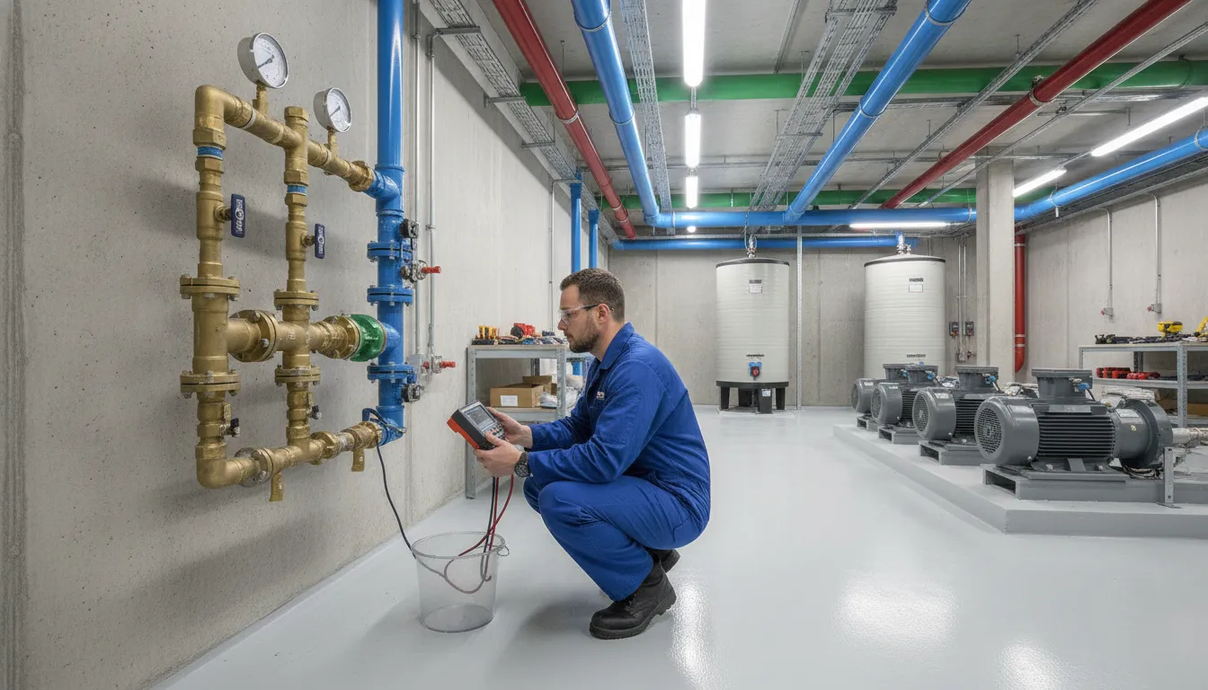 Plumber testing a commercial backflow prevention assembly