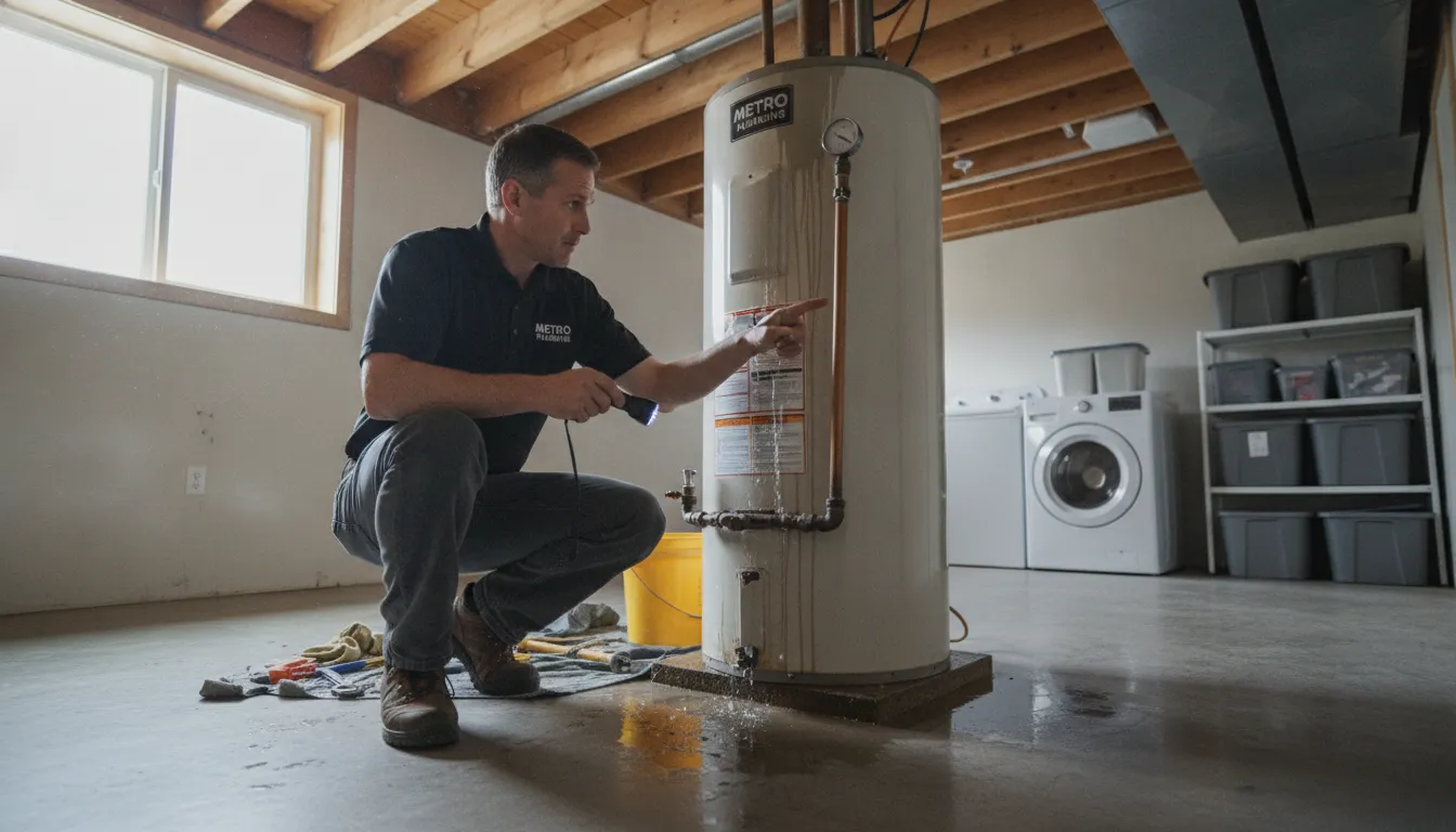 Plumber inspecting a leaking hot water heater