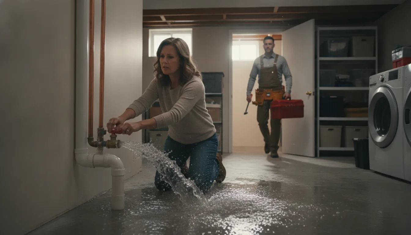 Emergency plumber responding to a burst pipe in a Detroit home