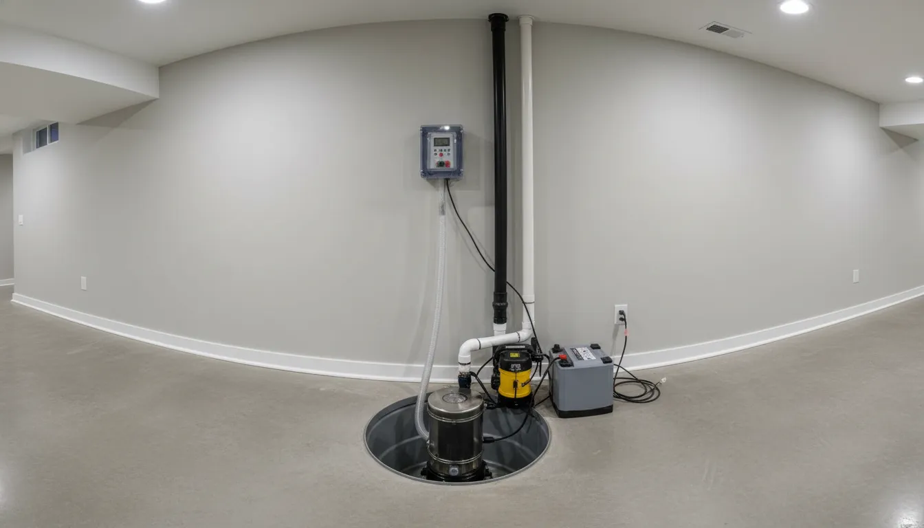 Modern sump pump installed in a clean basement