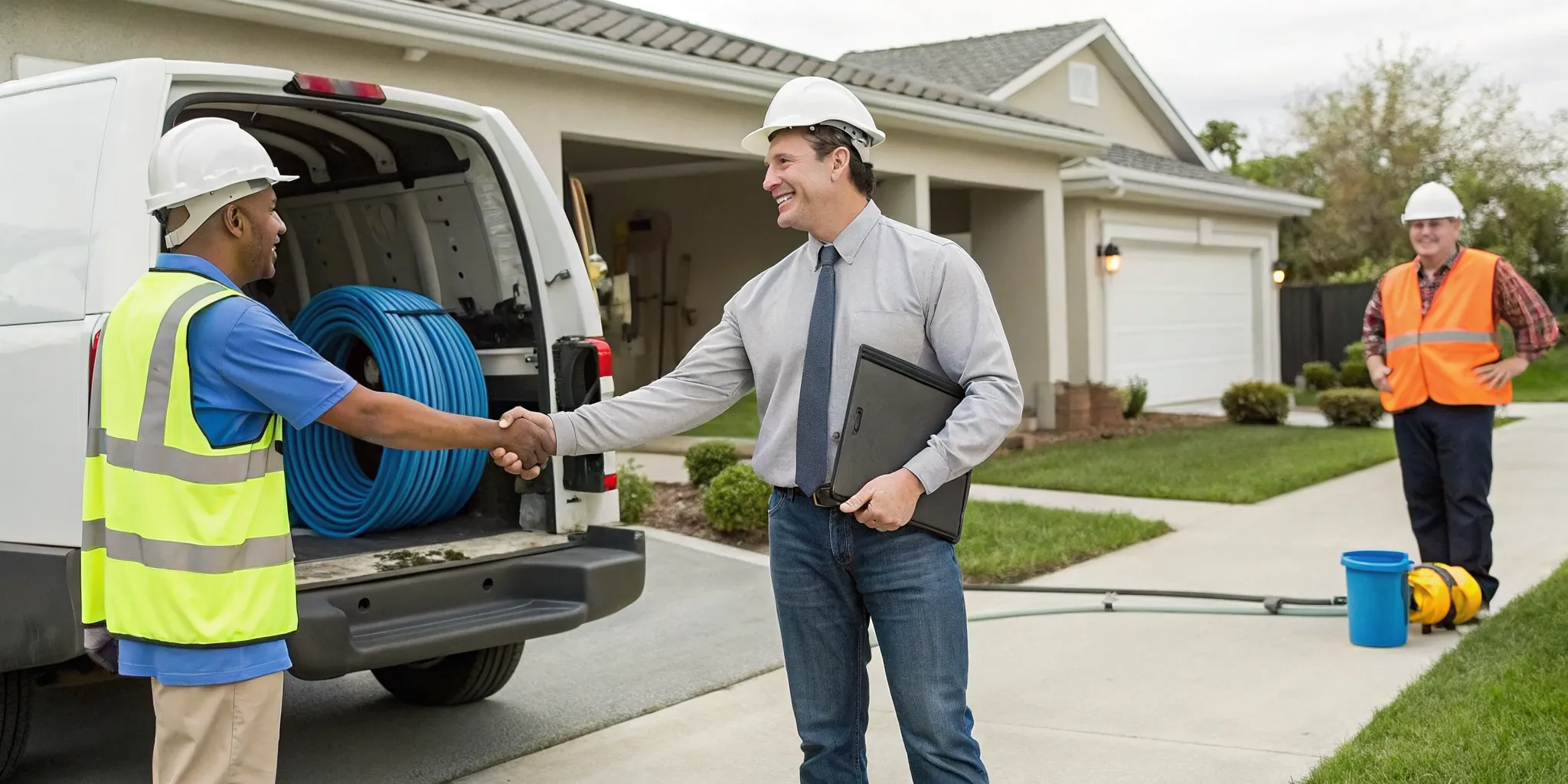 Best trenchless sewer replacement contractors shaking hands in front of a home.