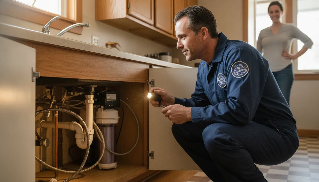 Licensed plumber inspecting pipes in a Detroit home