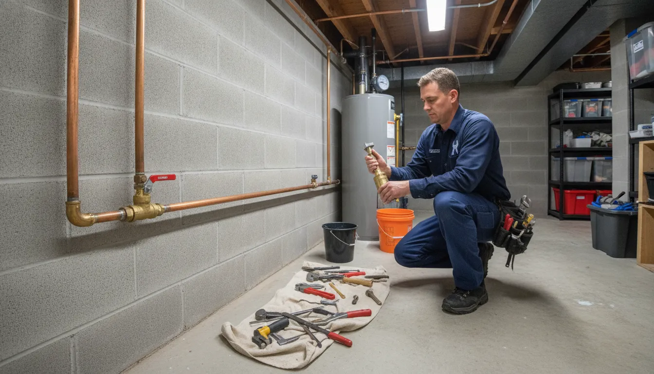 Plumber replacing a brass main water shutoff valve