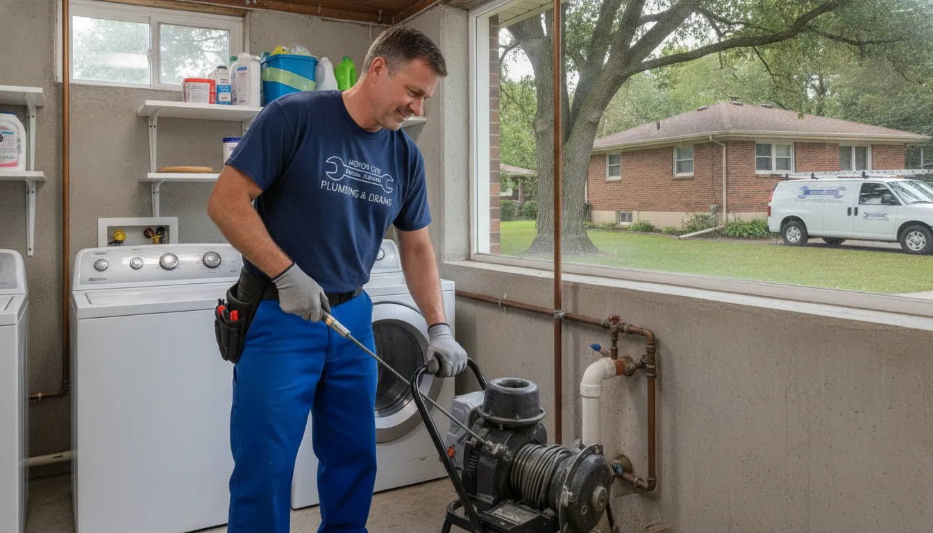 Plumber performing sewer drain cleaning service at a Metro Detroit home