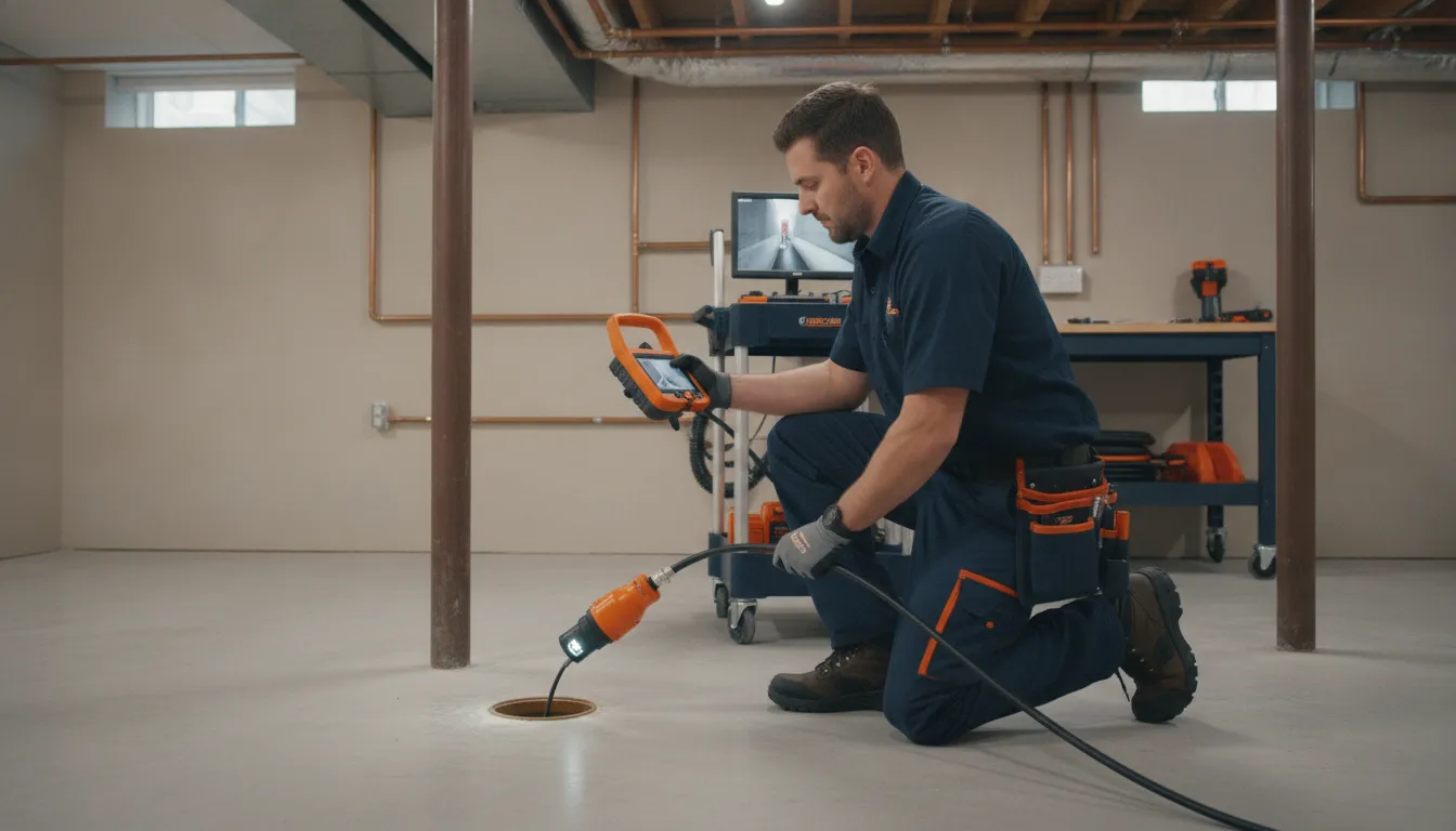 Plumber performing a sewer camera inspection during a sewer repair service visit