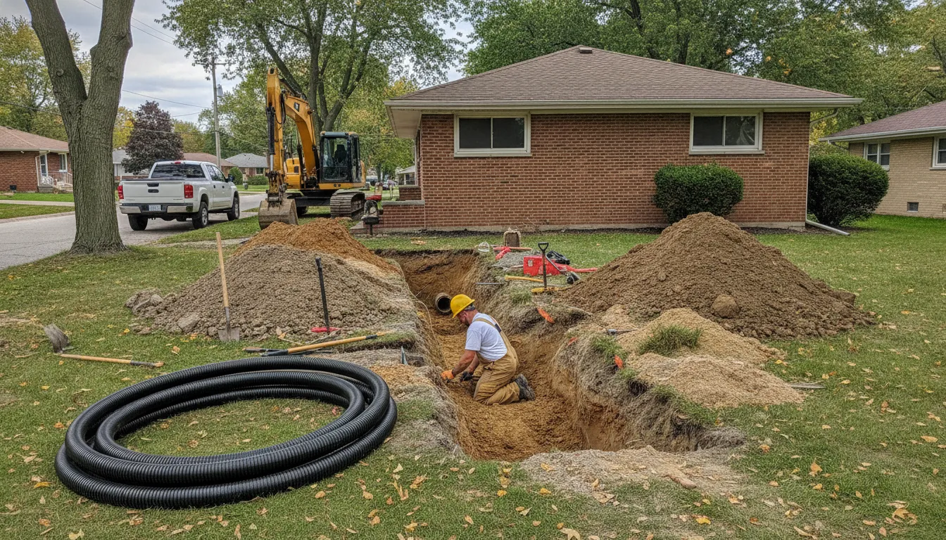 Plumber replacing a residential sewer line in Metro Detroit